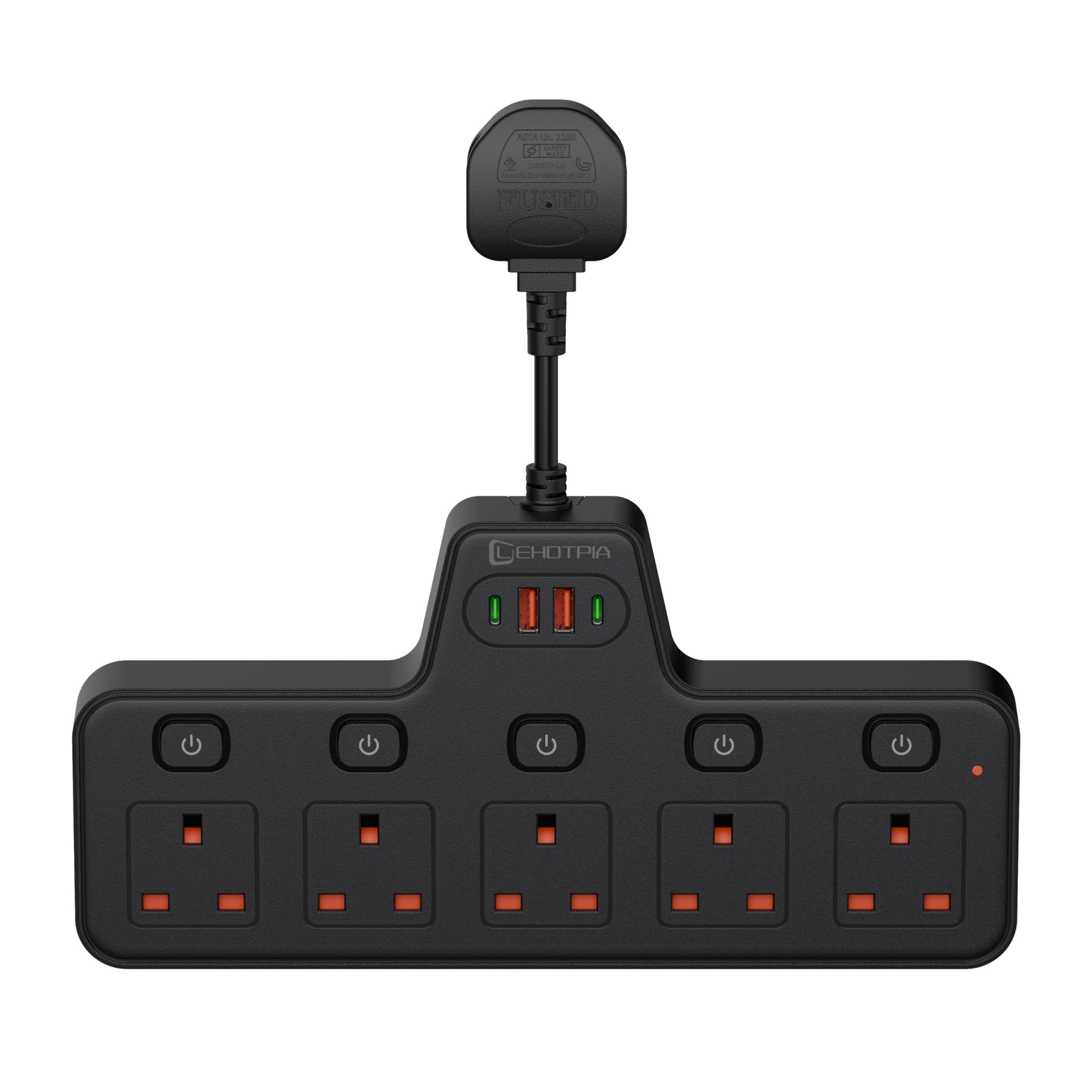 LEHOTPIA Power Strip Extension Lead Socket 5 Way with Flexible Plug, Extension Lead with Two Usb Slots with Individual Switches, Short Small Extension