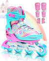 Sportneer Inline Skates for Children 30-41 Adjustable Inline Skates with 6 Protectors Set for Children Girls Women 8 LED Inline Skates Children