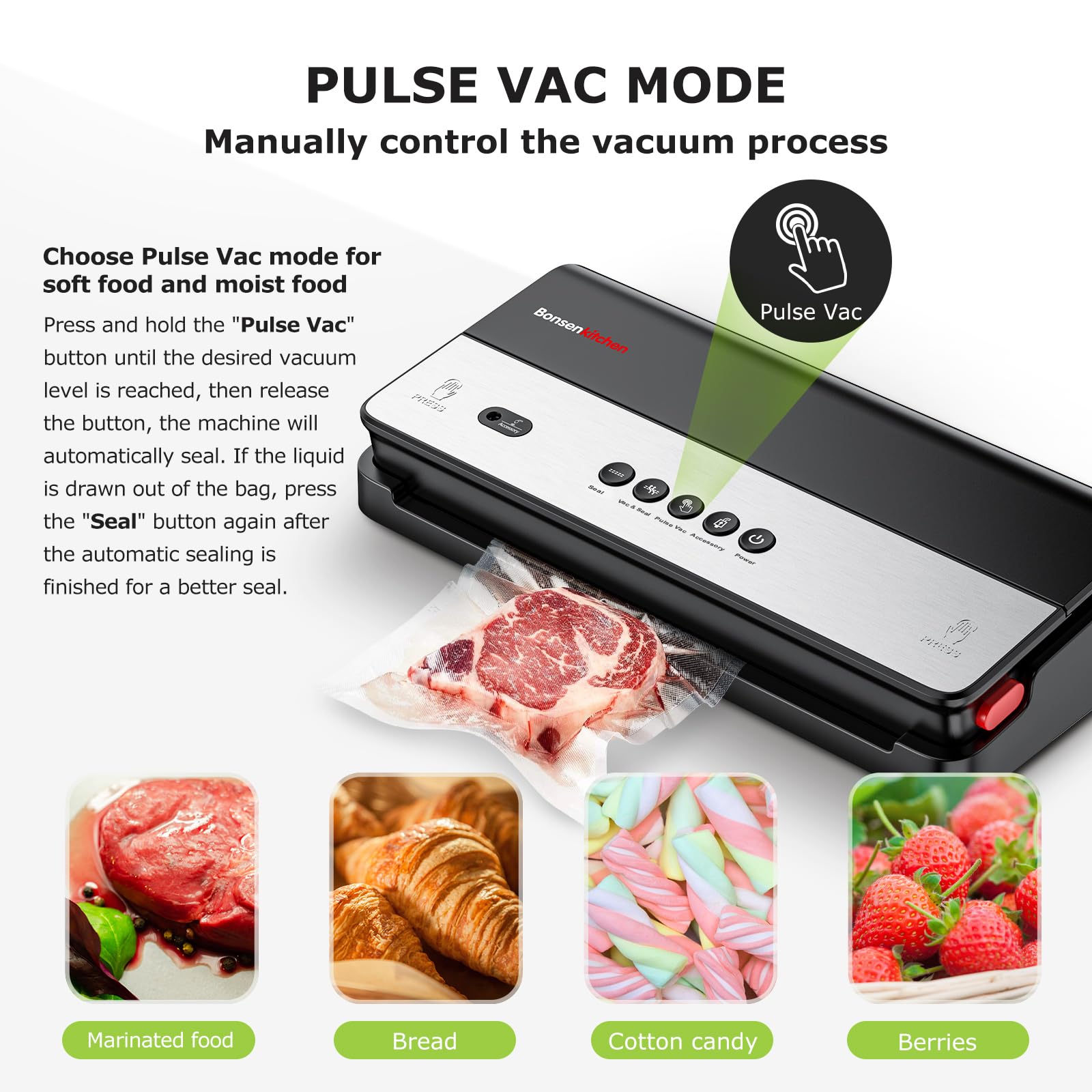 Bonsenkitchen Vacuum Sealer Machine, Multi-Functional, Globefish Technology for High-Speed Continuous Working, Food Vacuum Sealer with 50pcs Vacuum