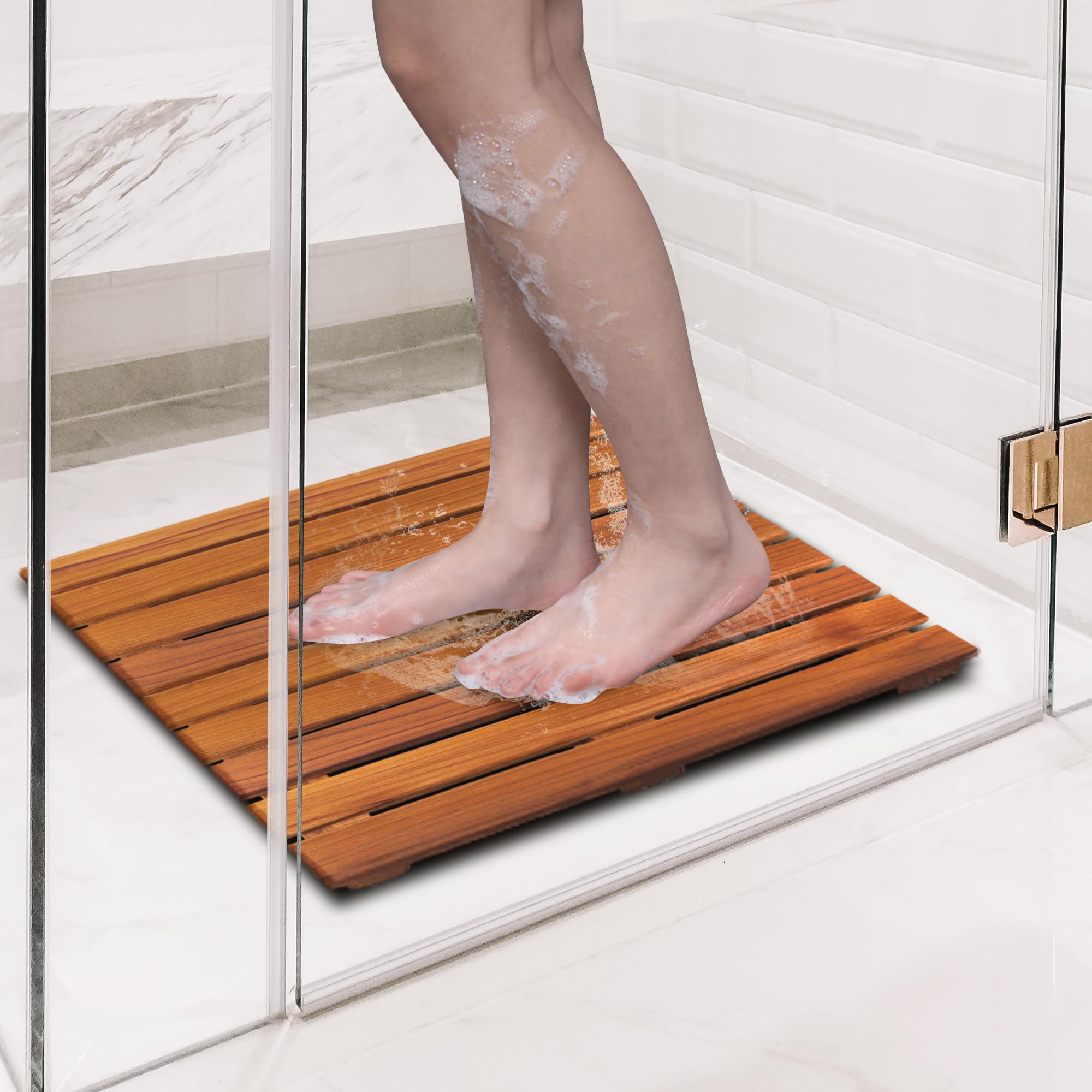 VaeFae Teak Shower Mat, Non-Slip Bath Mat, Luxury Spa Mat, Wooden Mat for Bathtub, 50.8 x 50.8 cm