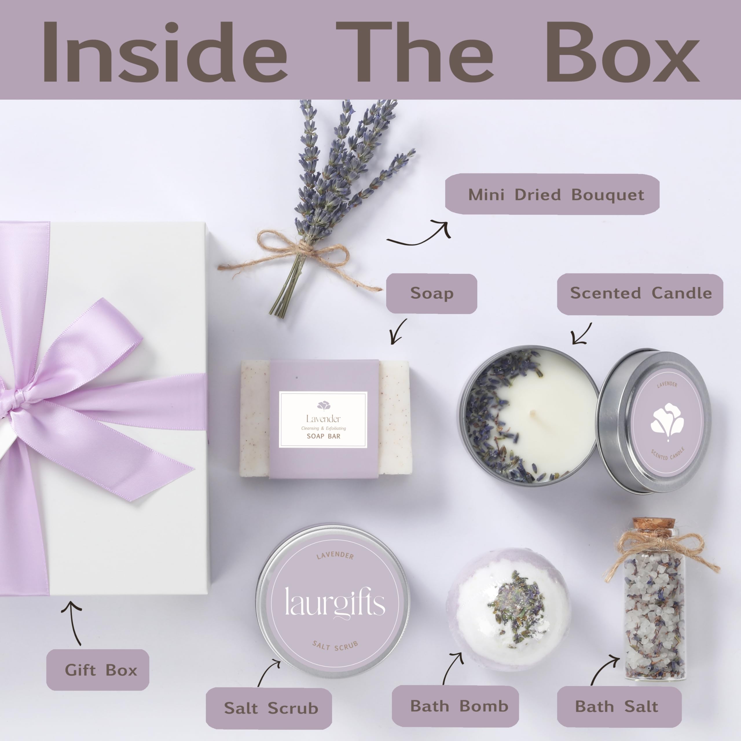 LaurGifts Lavender Spa Gift Box for Women ? Birthday Gift for Her with Candle & Spa Set ? Dutch Flower Fields Inspired Relaxing Gifts for Mum, Wife,