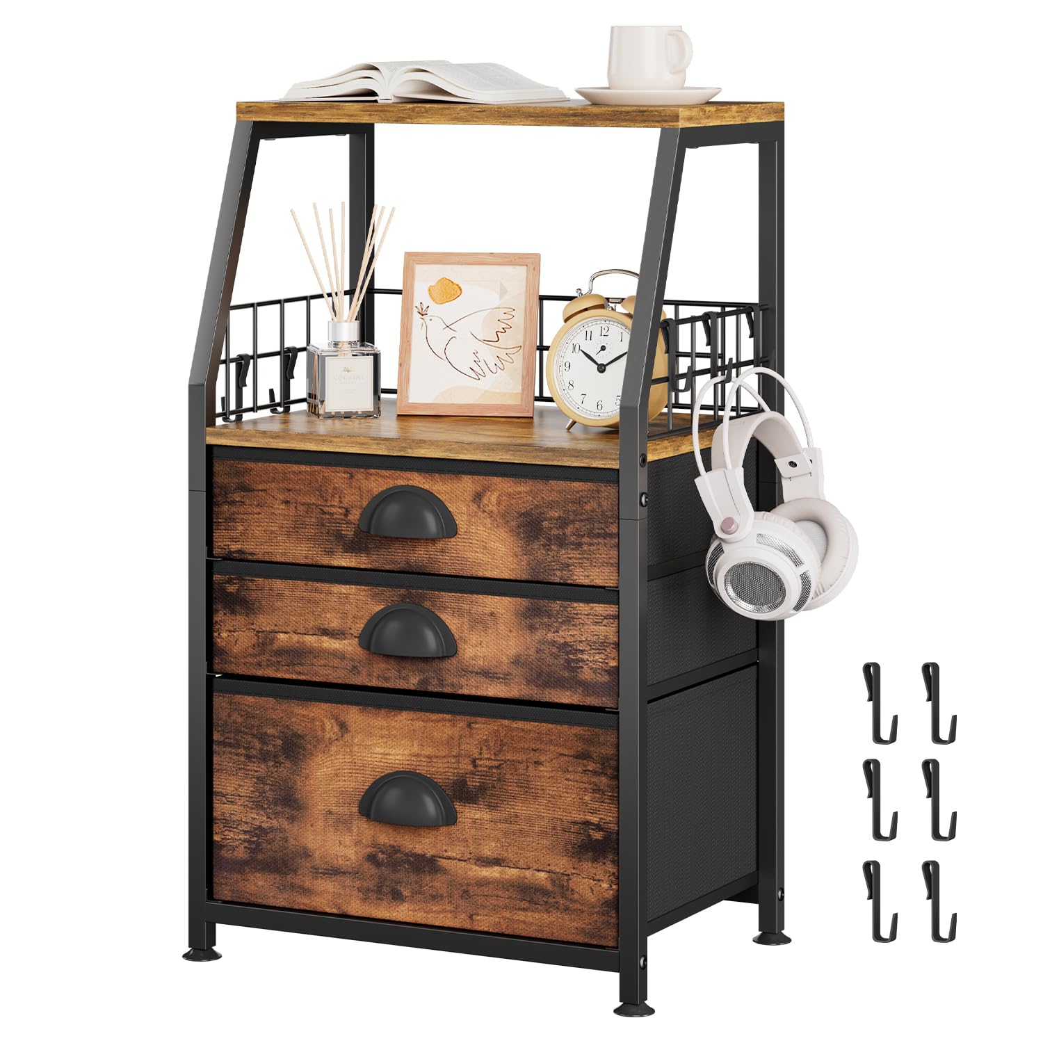 VASZOLA 3 Fabric Drawers Organizer Tower with 6 Hooks and 2 Shelves, Small End Side Table for Printer with Chest of Files Drawers, Ideal for Bedroom