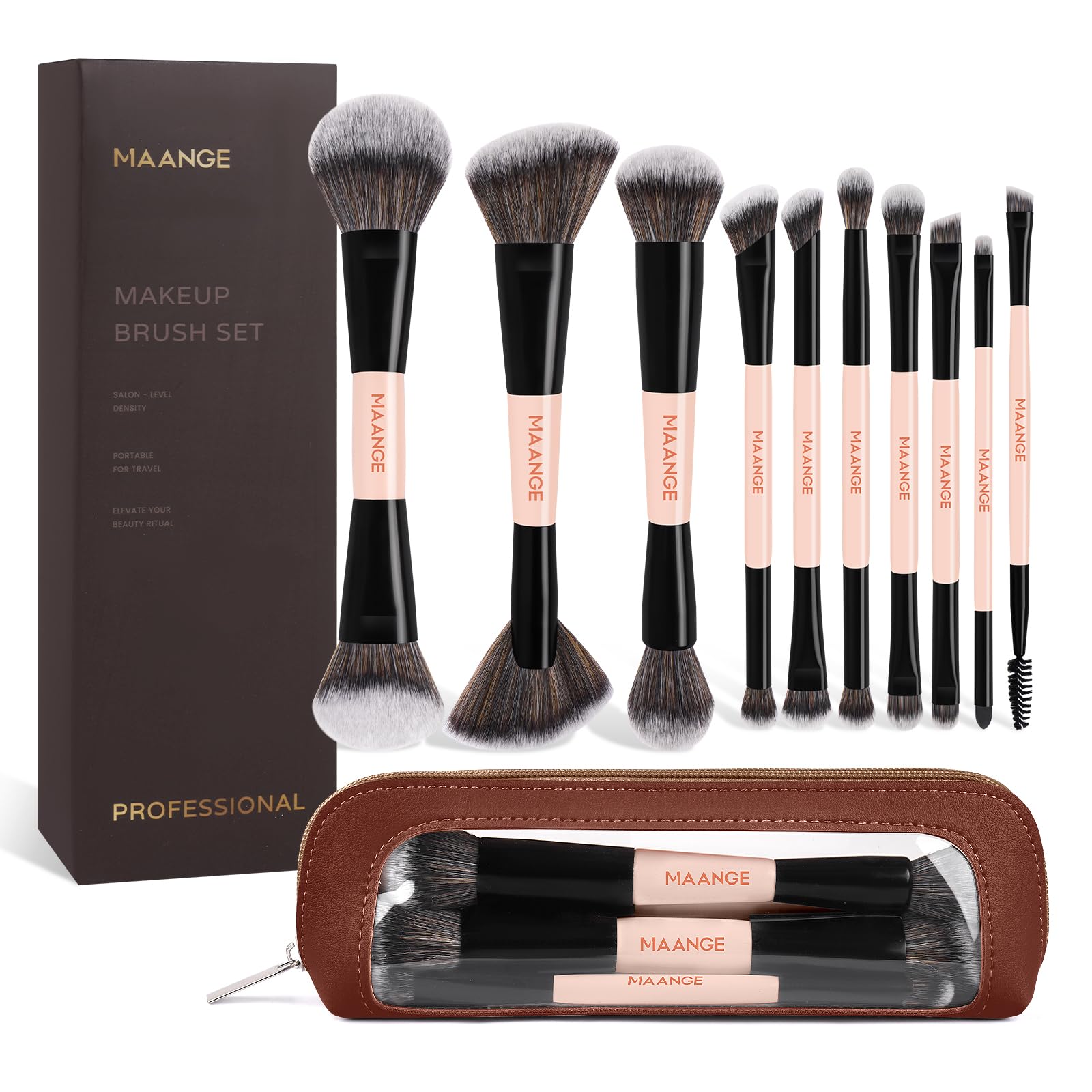 MAANGE 10 PCS Makeup Brush Set with Case, Dual-Ended Professional Foundation Eyeshadow Blush Makeup Brushes Kit, Synthetic Vegan Hair Soft Face