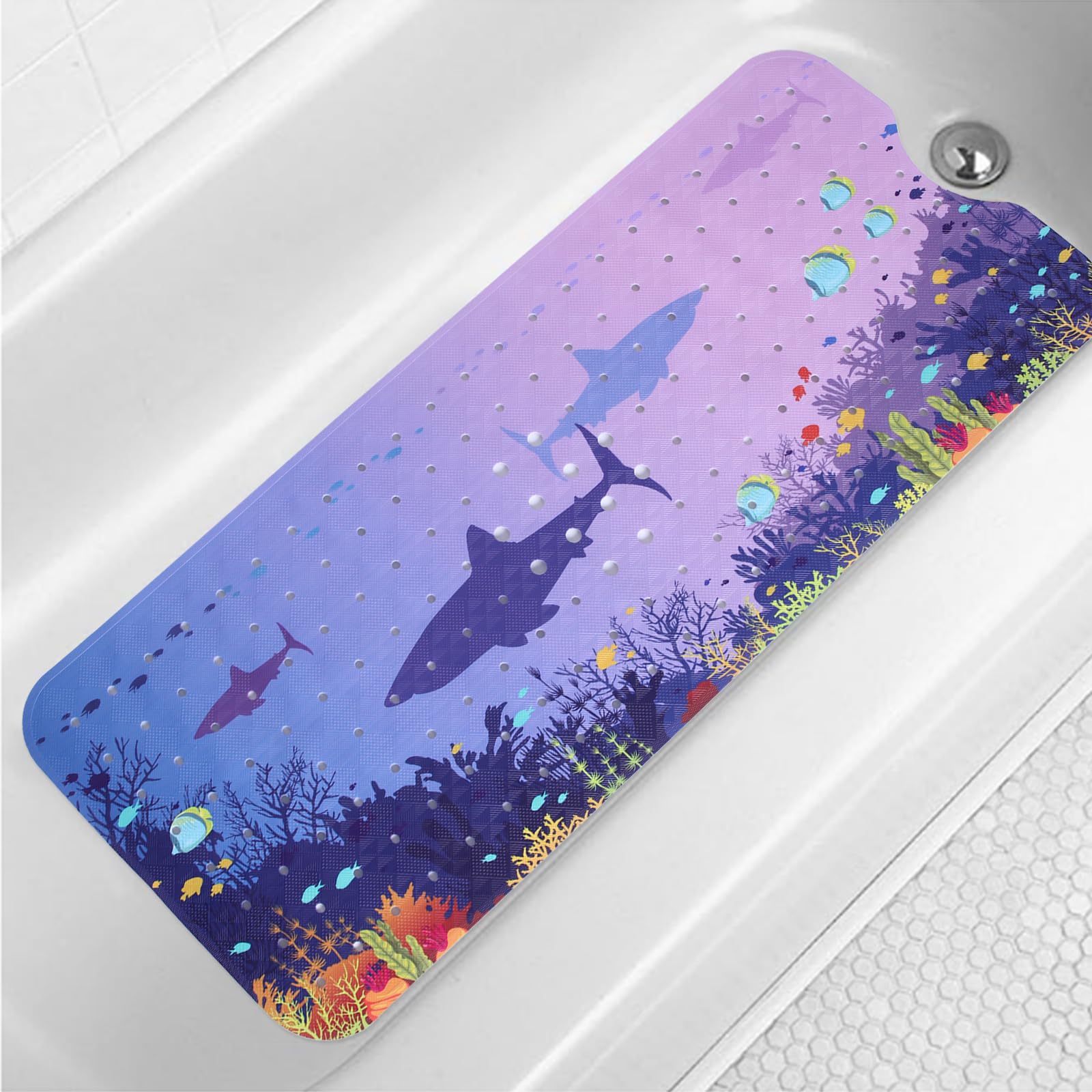 Sea bathtub mat non slip for Kids 40x16in Extra Long Shark Ocean Whale Tropical Fish Anti Slip Shower Mat for Bathroom with Large Drain Holes and