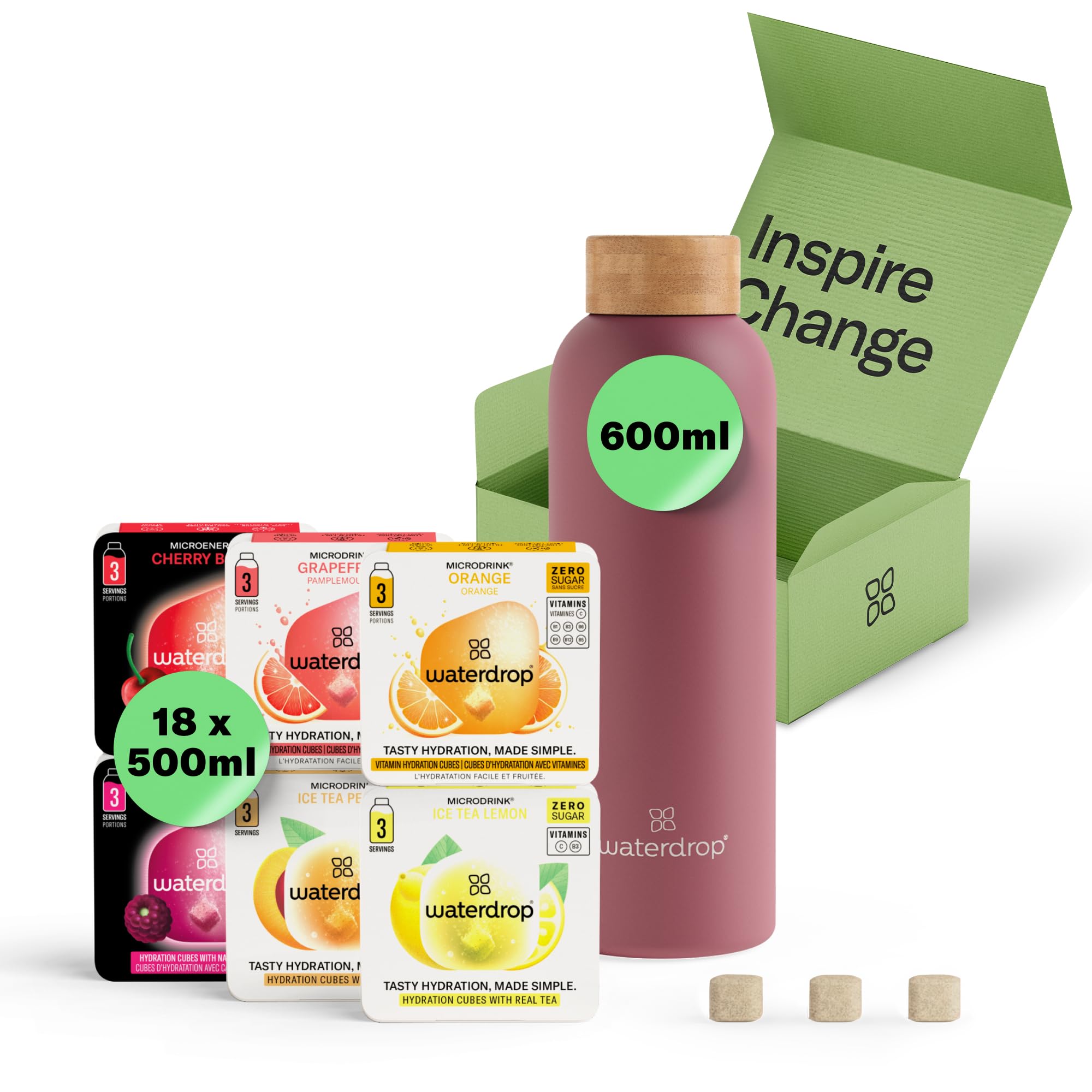 Waterdrop? Starter Set Steel - 600 ml Stainless Steel Bottle + 18 Water Flavouring Hydration Cubes, Vitamin Infused, Sugar Free Microdrink