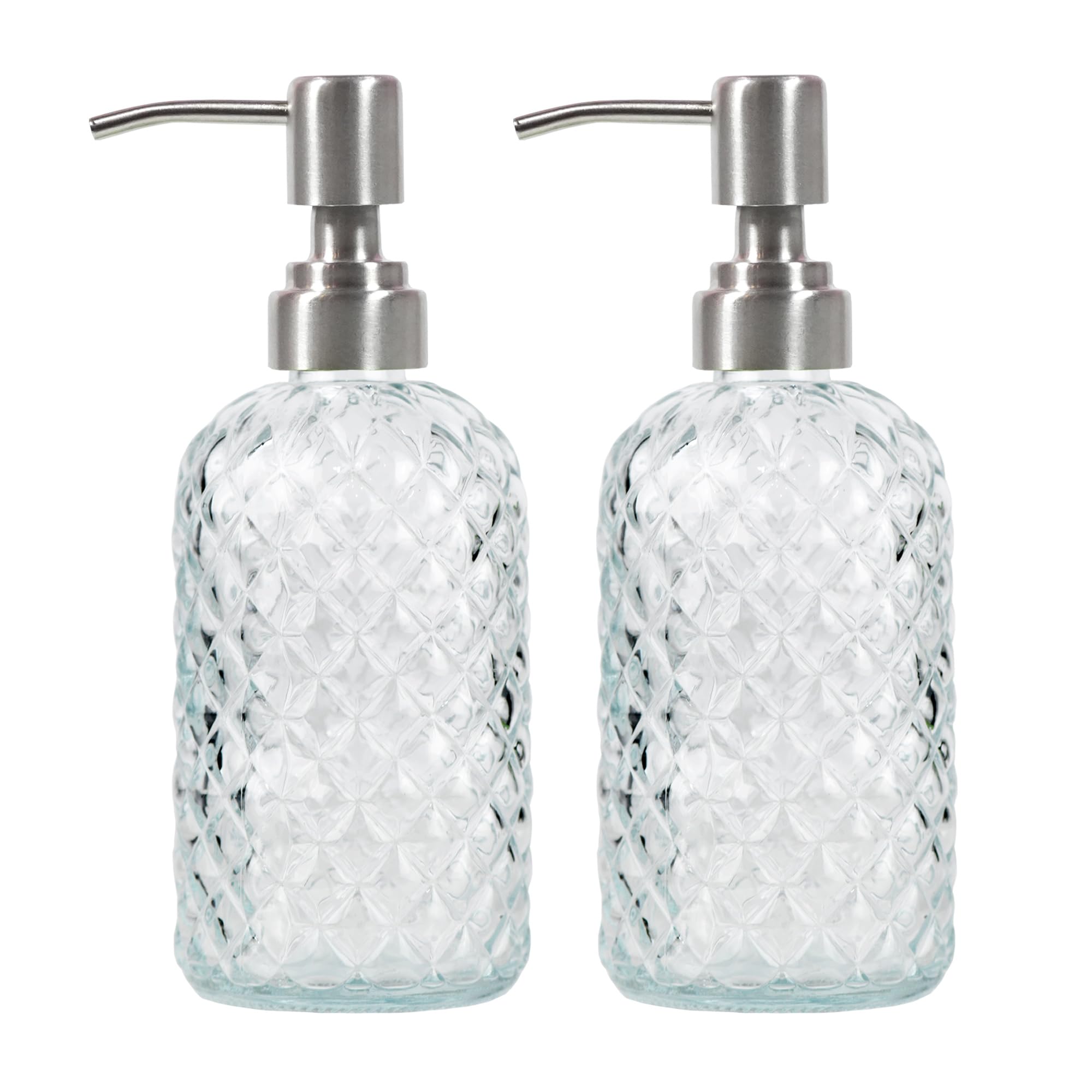 Funly mee Bathroom & Kitchen Glass Hand and Dish Soap Dispenser with 304 Rustproof Stainless Steel Pump (Clear-2pack)