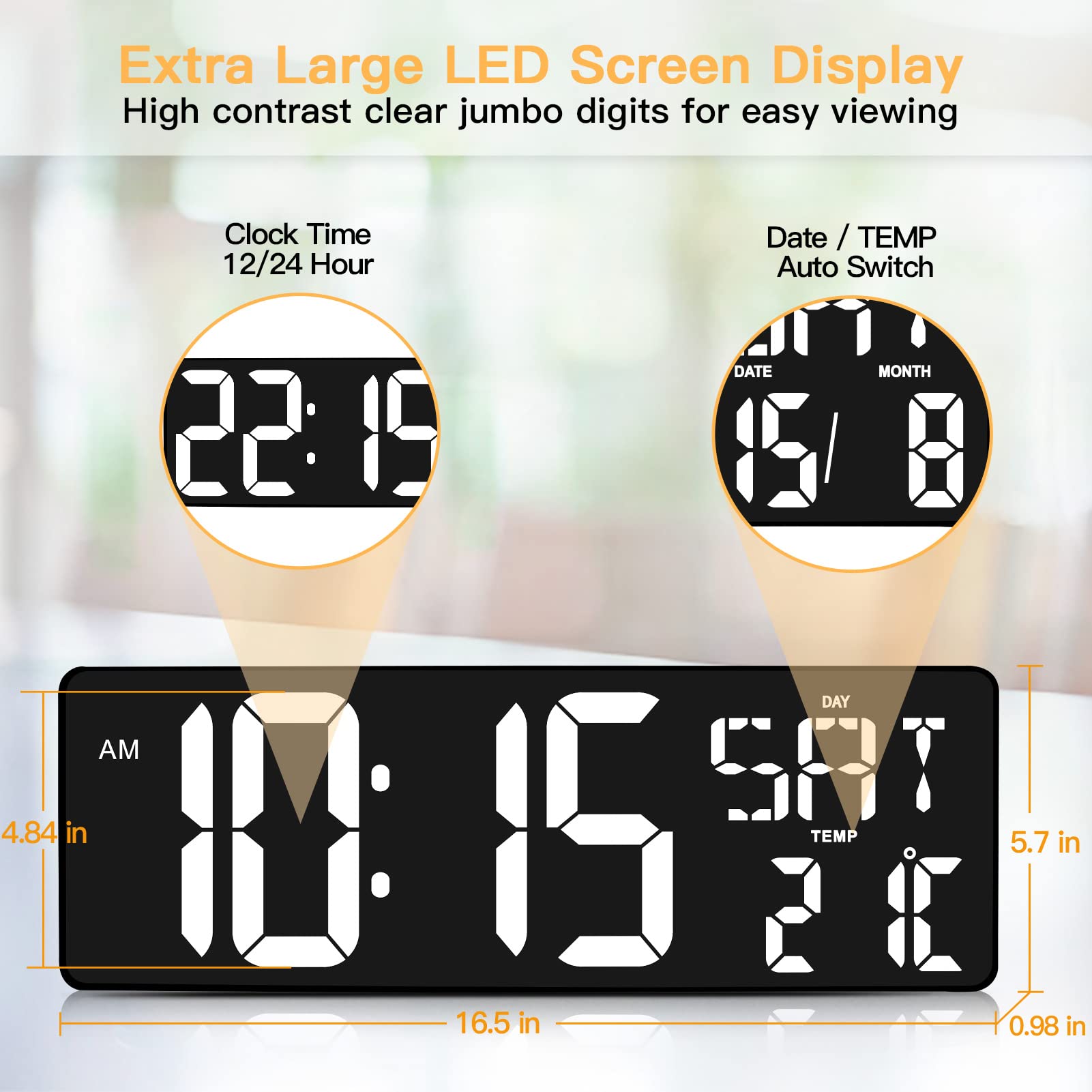 XREXS 16.5 Inch Digital Wall Clock Large Display, Auto-Dimming, Large Timer Clock, Large Digital Wall Clock for Home, Gym, Office and Classroom