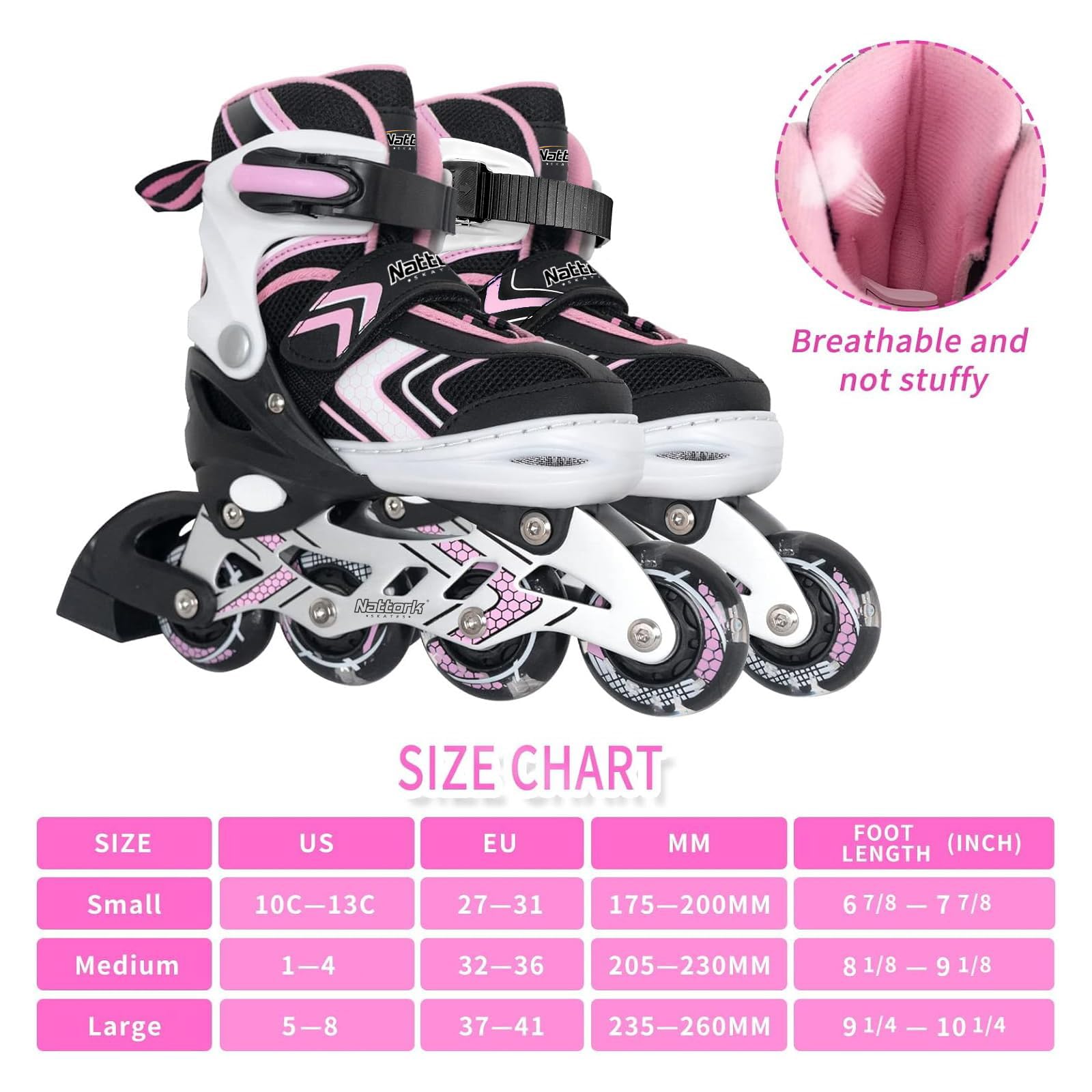 Nattork Roller Skates for Girls with Full Light up Wheels, Adjustable Beginner Inline Skates for Little Kids, Pink, Size 10J 11J 12J