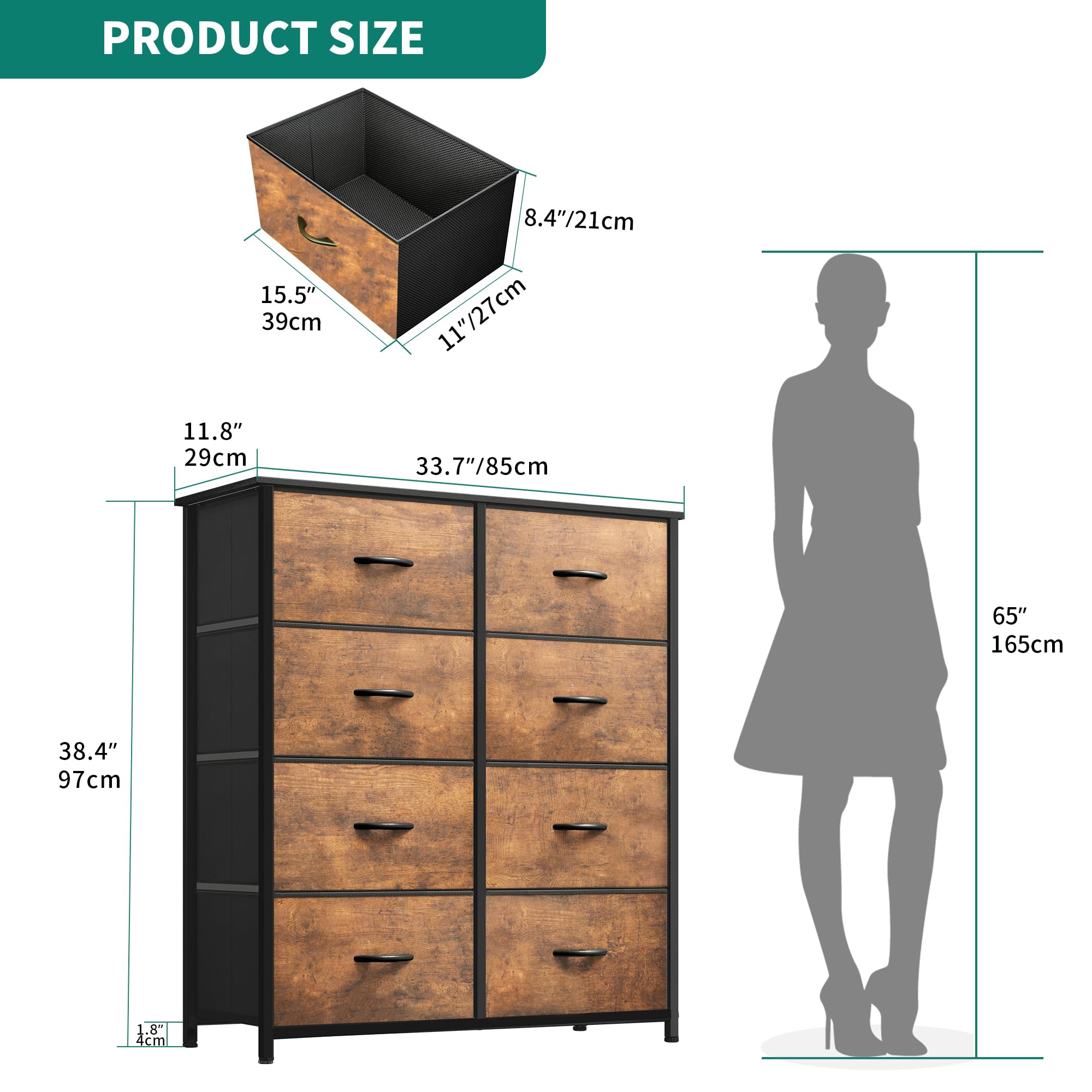 YITAHOME Chest of Drawer with 8 Drawers for Bedroom Fabric Dresser Storage Drawers With Handles Metal Frame for Living Room, Hallway,Rustic Brown