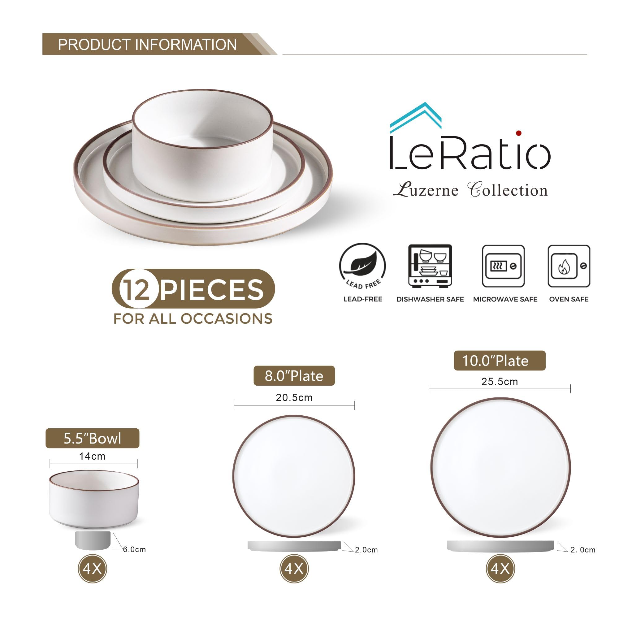 LeRatio Dinner Set for 4, 12 Piece Stoneware Plates and Bowls Set, Chip and Scratch Resistant Dinnerware Set, Oven & Dishwasher & Microwave Safe