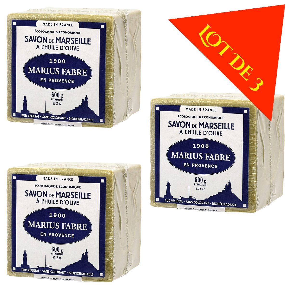 Lot of 3 soaps Marius Fabre Cube of Pure Marseilles Soap (600G, Green (Olive Oil)) ?