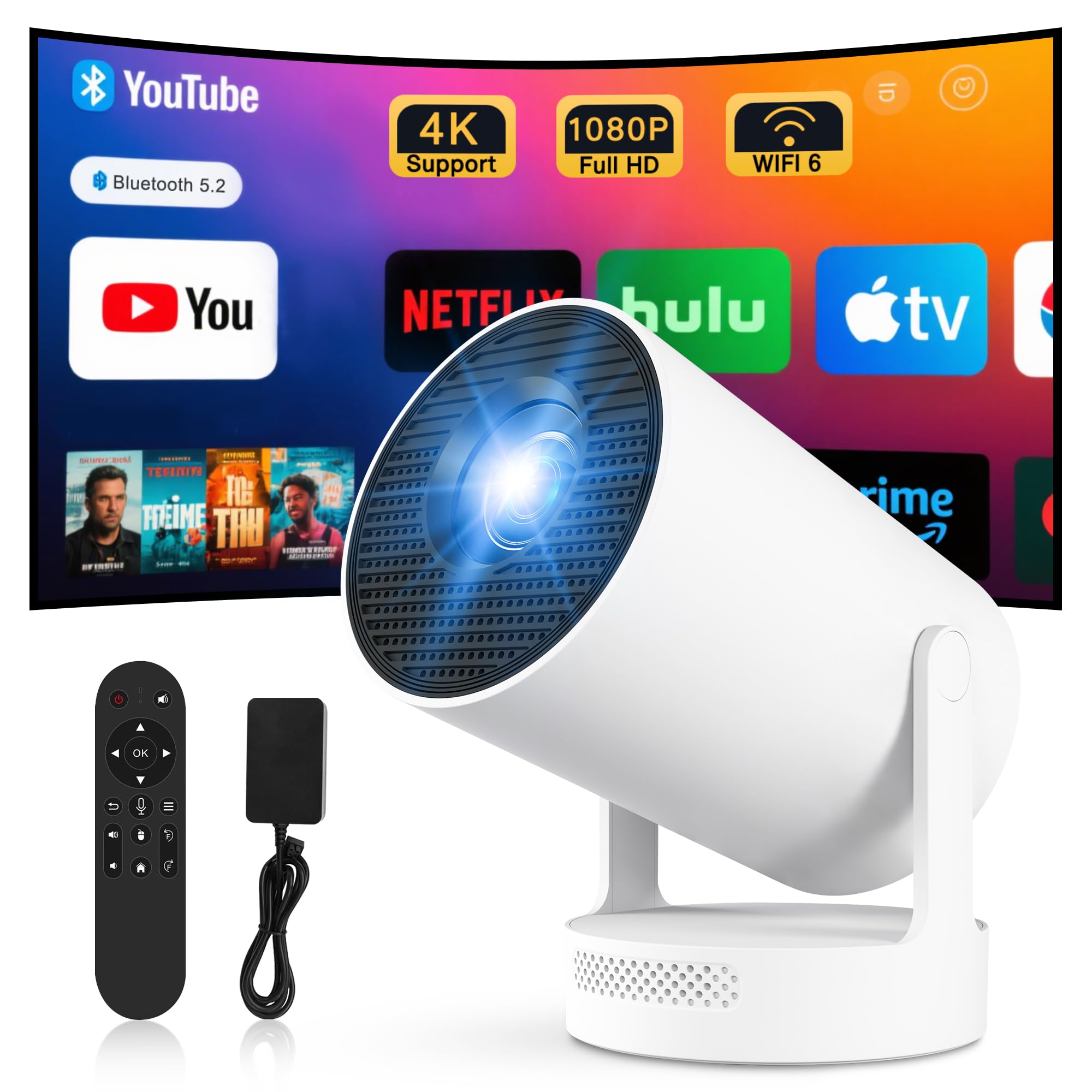 Mini Projector 4K Portable Projector WiFi 6 Android 11.1080P Full HD Support for Phone PC Lap Stick HDMI Home Theater External Speaker Electric Focus