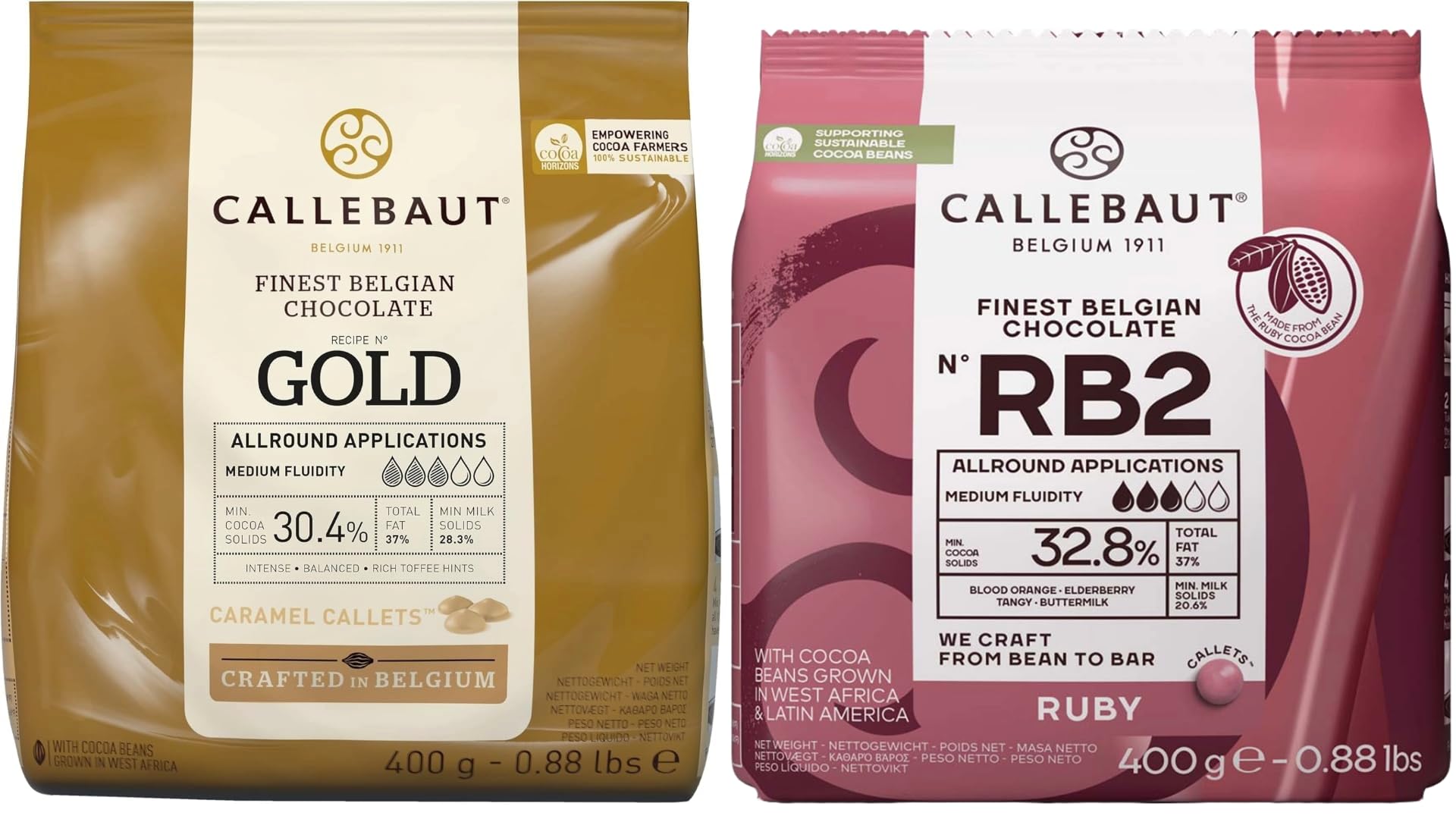 Callebaut Ruby RB2 & Gold Callets Bundle ? 2 x 400g | Fruity & Caramel Couverture Chocolate | 32.8% & 30.4%