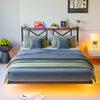ARFARLY King Size Bed Frame Floating Bed Frame with LED Lights and Charging Station, Metal Platform Bed Frame King Size with Wooden Storage Headboard