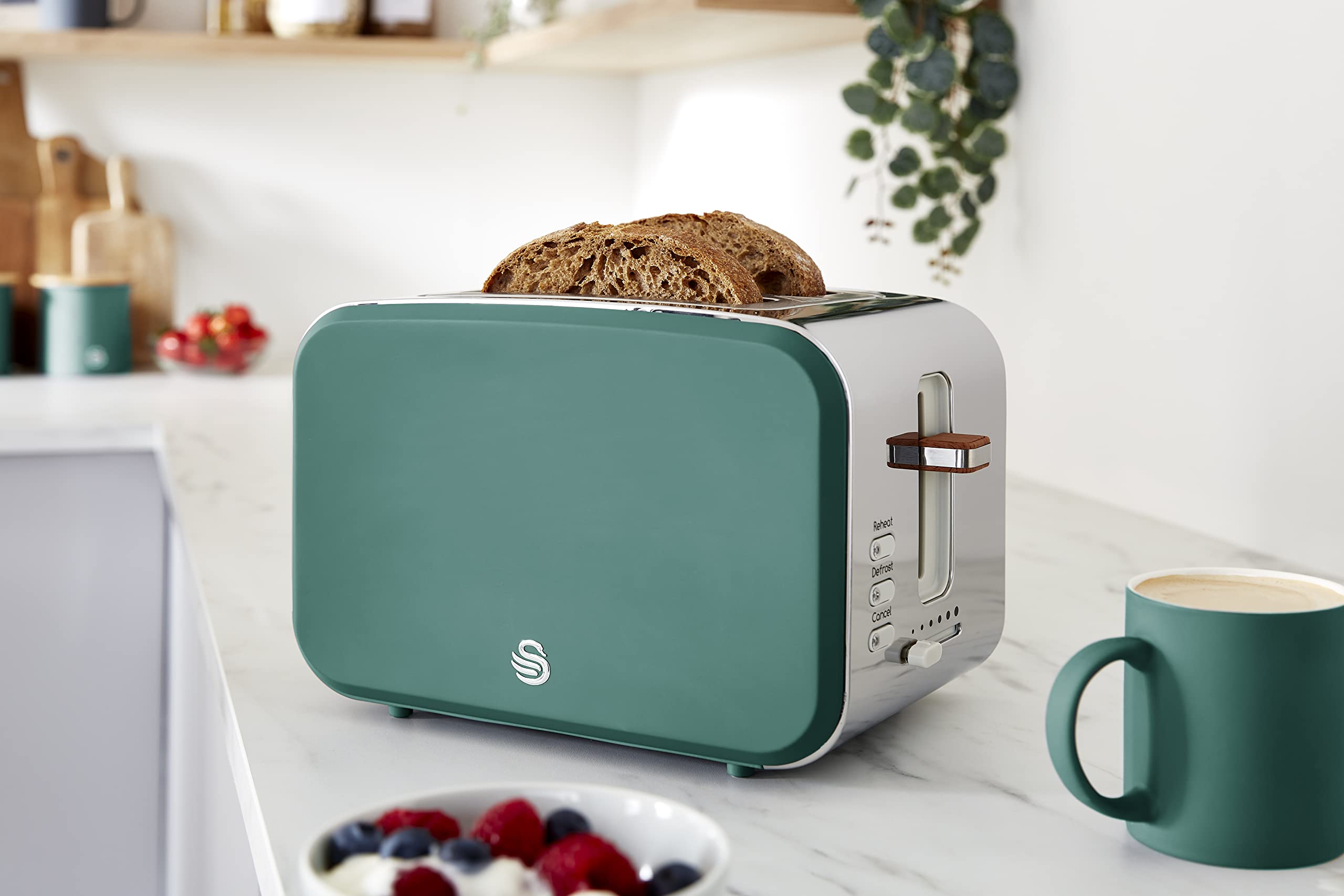 Swan ST14610GREN Nordic 2-Slice Toaster with Defrost/Reheat/Cancel Functions, Cord Storage, 900W, Green