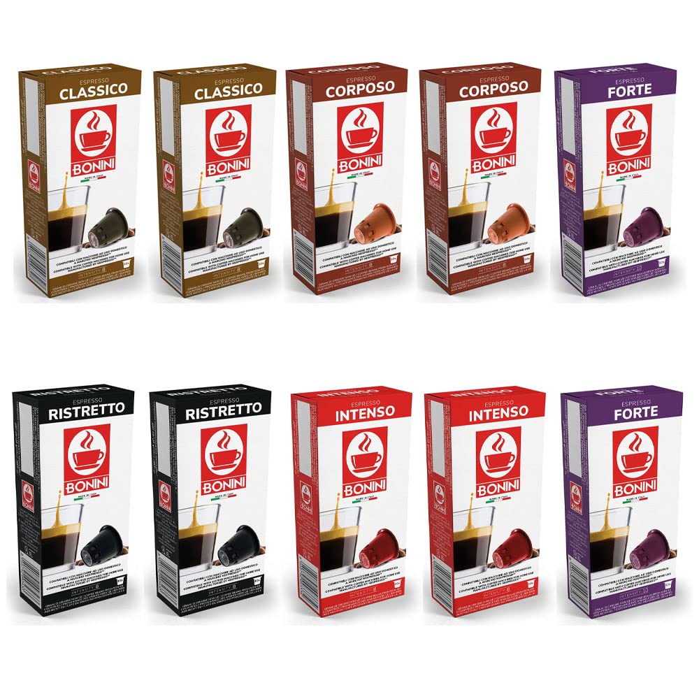Bonini Coffee Pods, Nespresso Compatible Intense Variety 10 Packs Coffee Pods, Blends Inc. Ristretto, Intenso, Forte, Corposo, Classico. Each Pack 10