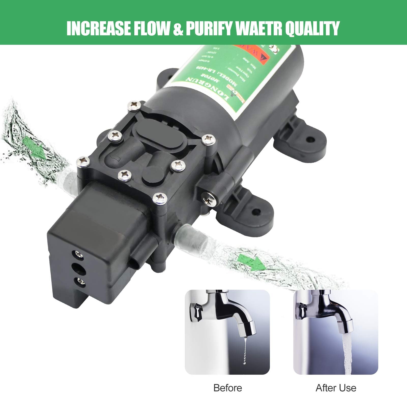 LONGRUN 12V DC Water Pump, Diaphragm Water Pump with Pressure Switch, 4.5L/Min 85 PSI High Pressure Self Priming Caravan Water Pump, Water Pressure