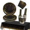TOPWAYS Black Gold Birthday Decorations Party Tableware Set, Disposable Paper Party Plates Cups Napkins Tablecloth for Birthday Decorations Weddings