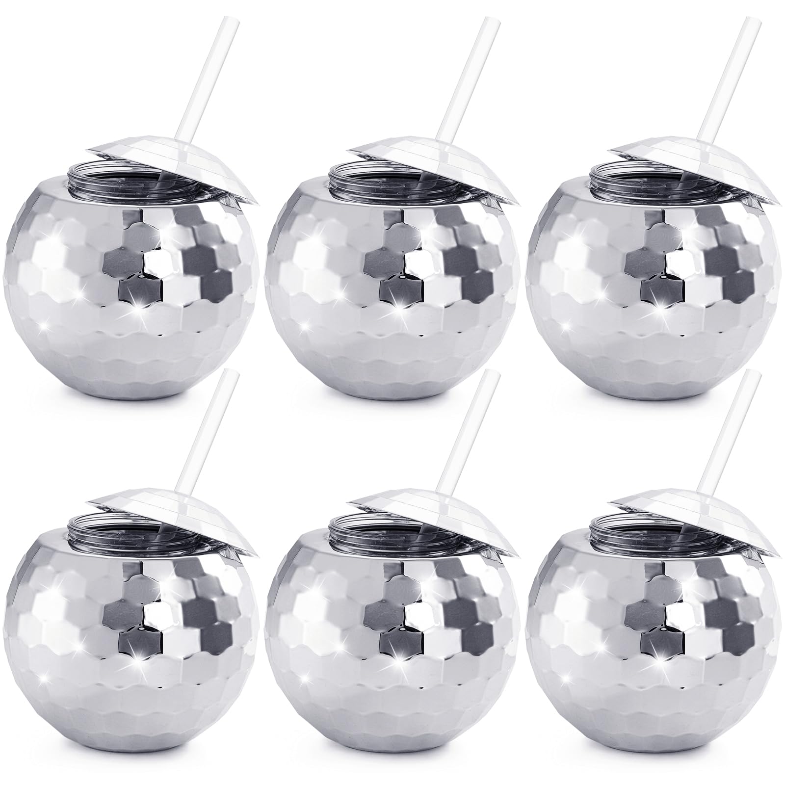 Nicunom 6 Pack Disco Ball Cups with Lids & Straws, 600ml Reusable Silver Disco Ball Tumbler 1970s Disco Flash Ball Cocktail Cup Sparkly Glitter Disco