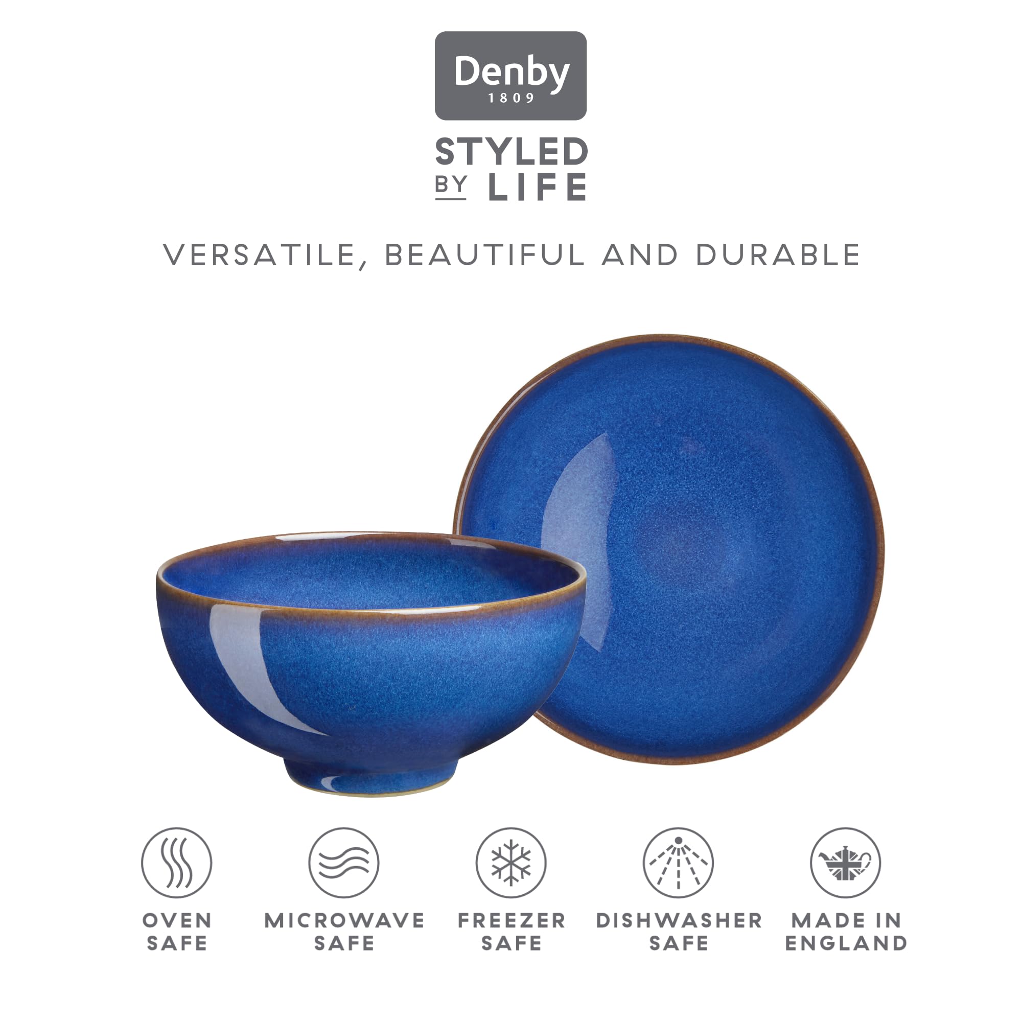 Denby - Imperial Blue Rice Bowls Set of 4 - Dishwasher Microwave Safe Crockery 480ml 13cm - Royal Blue Ceramic Stoneware Tableware - Chip & Crack