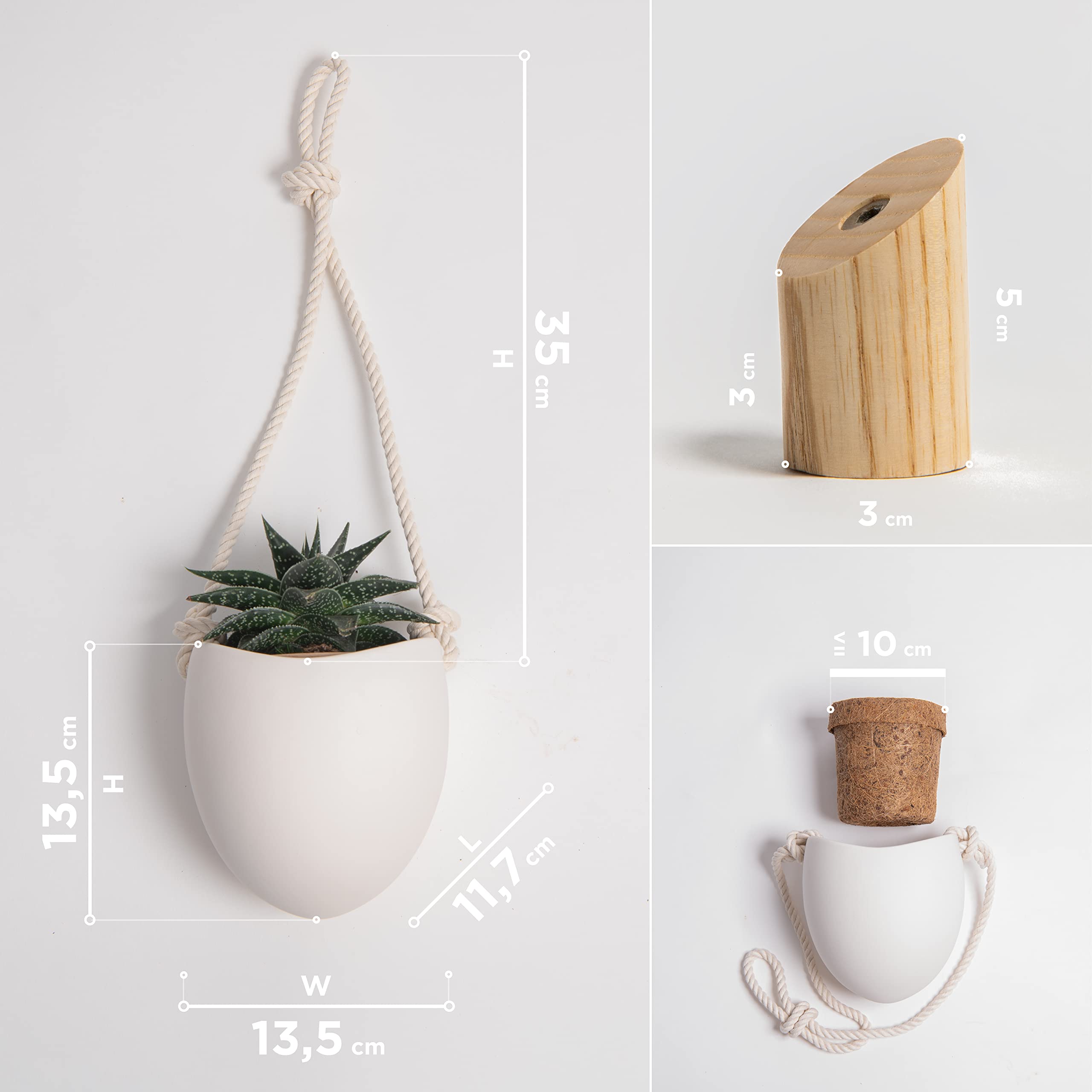 Kazai.? | Porcelain Wall Vases | 3 Piece Set | Including Wooden Hooks | Matte White