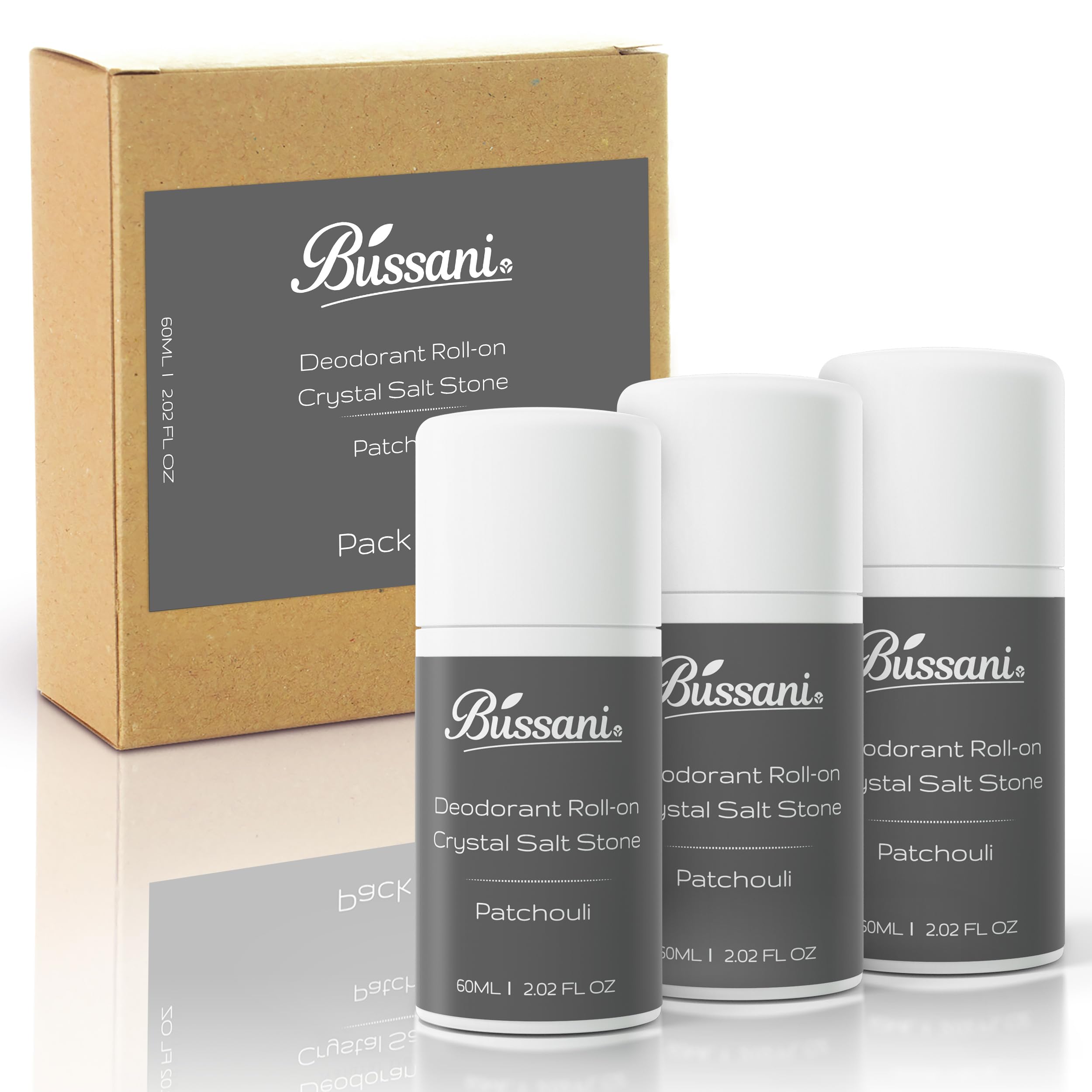 Bussani Men's Roll-On Deodorant | Crystal Salt Stone, Long-Lasting & Aluminum-Free | 24-Hour Odor Protection | Fragrance: Patchouli Scent, 2.02 fl oz,