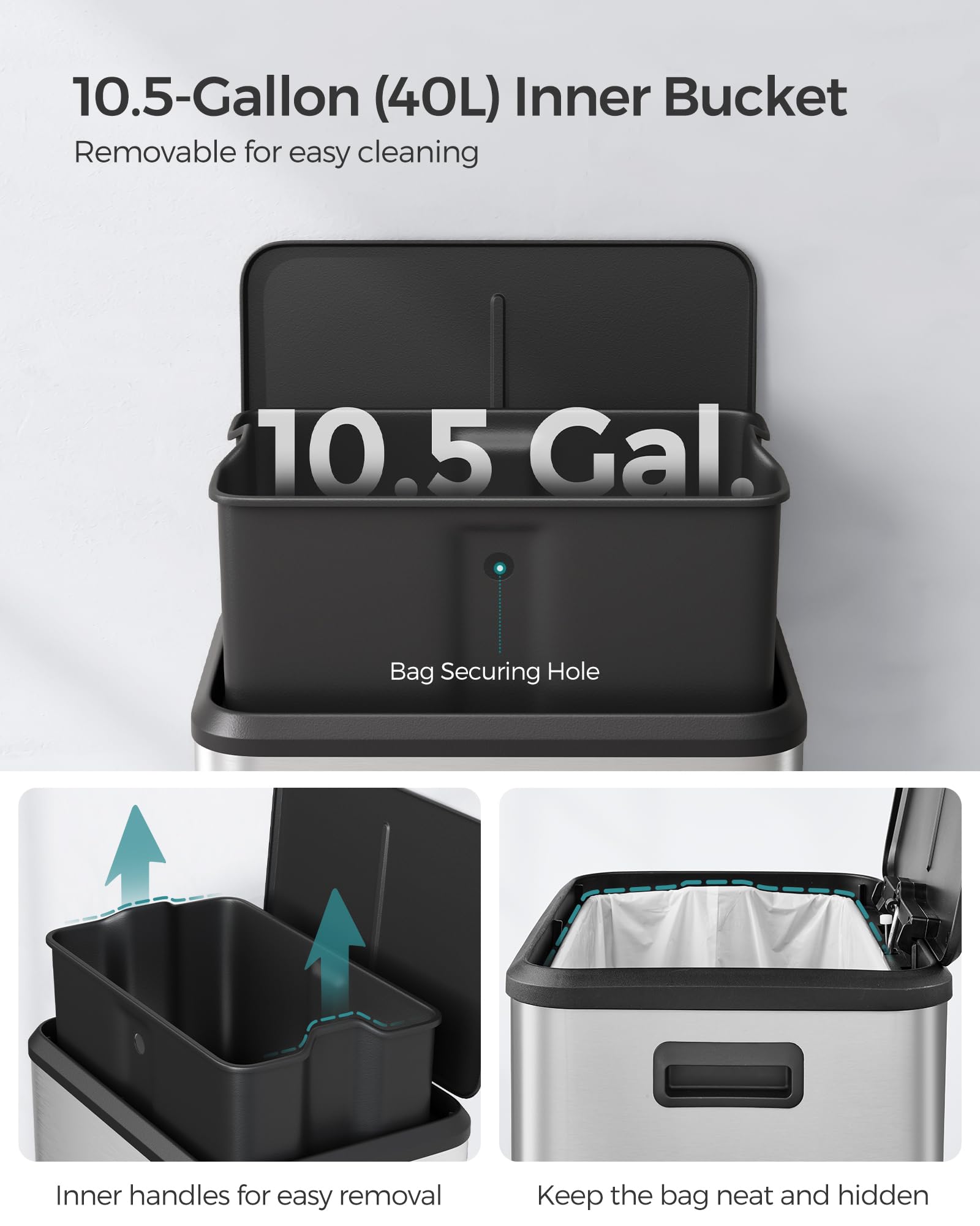 Songmics Kitchen Bin, 40L Pedal Bin with Lid, Rubbish Bin for Waste, Soft Close and Stays Open, Wide Pedal, Silver LTB541E40