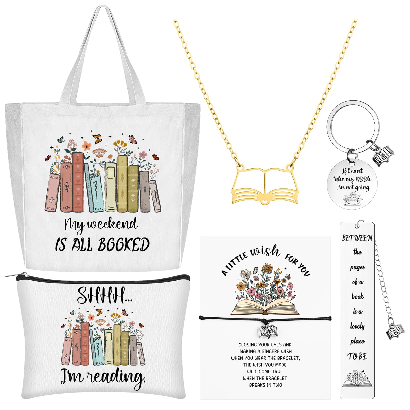 HAOWANWW 7 Pcs Book Lover Gifts Set for Women Gifts for Book Lovers Makeup Bag Canvas Tote Bag Bookworm Bracelet Necklace with Wish Card Bookmark