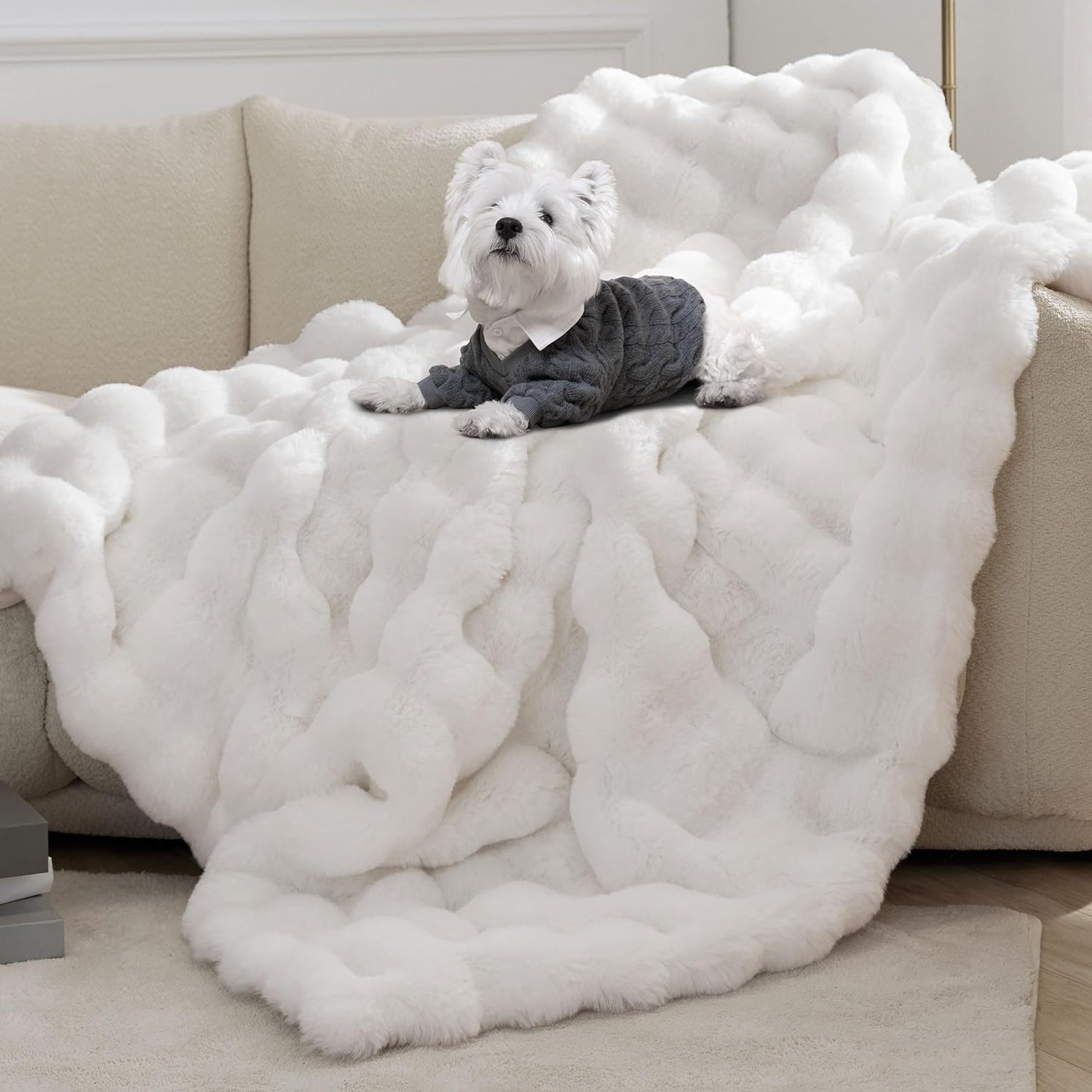 Faux Rabbit Fur Throw Blanket, Luxury Soft Warm Bubble Blanket for Bed, Couch, Sofa, White, 160 X 200 CM