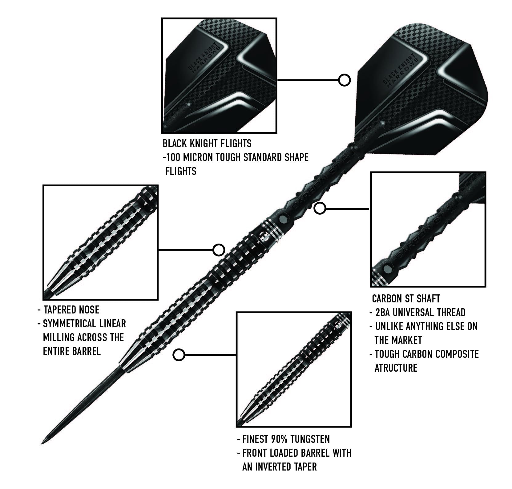 Harrows Black Knight 90% Tungsten Steel Tip Darts Set, 21g - 26g - Includes Black Carbon ST Midi Shafts & Micron Black Knight Flights (24g)