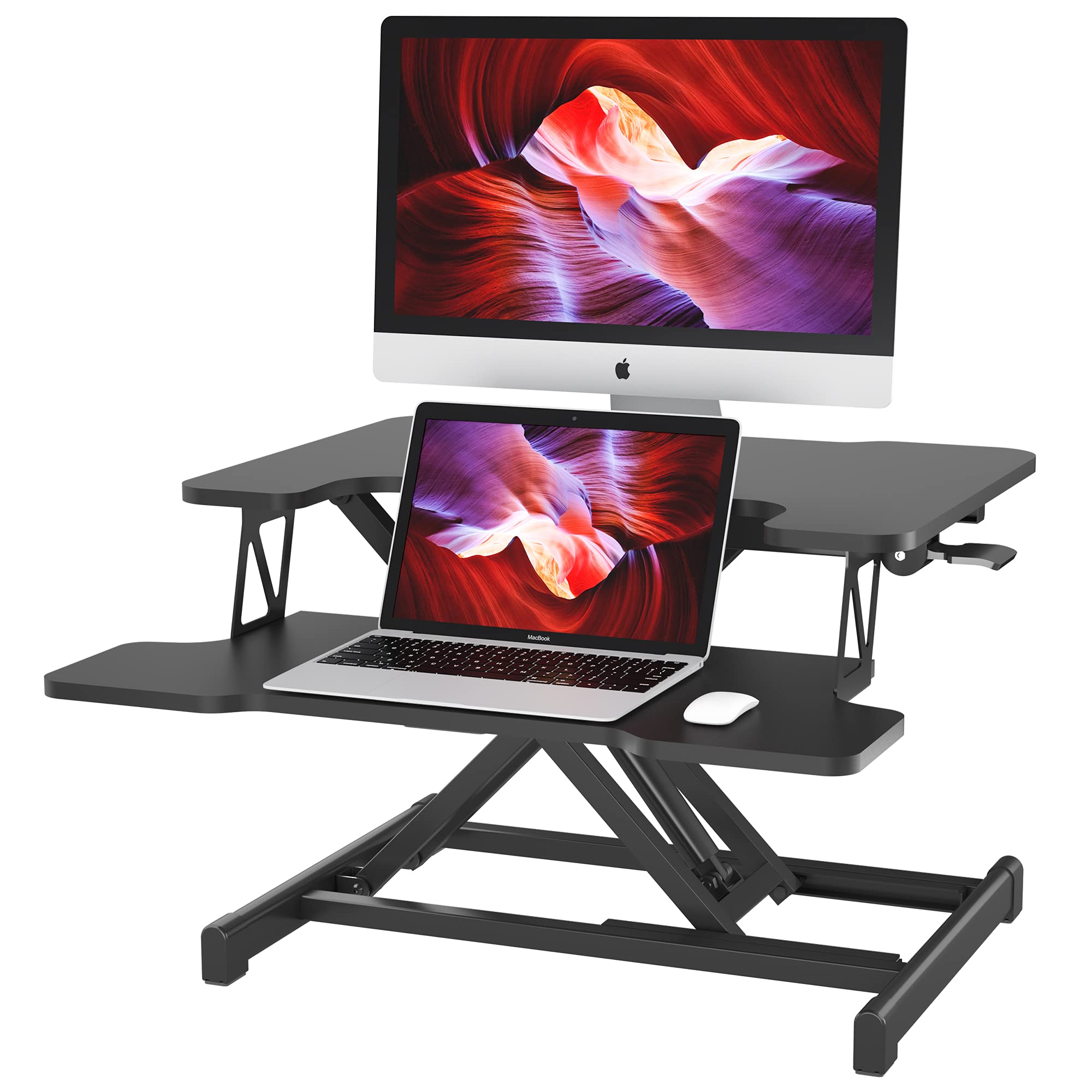 BONTEC Standing Desk Converter, 55cm Height Adjustable Standing Desk Riser with Keyboard Tray Deep Sit-Stand Desk for Laptop, Monitor Up to 15kg