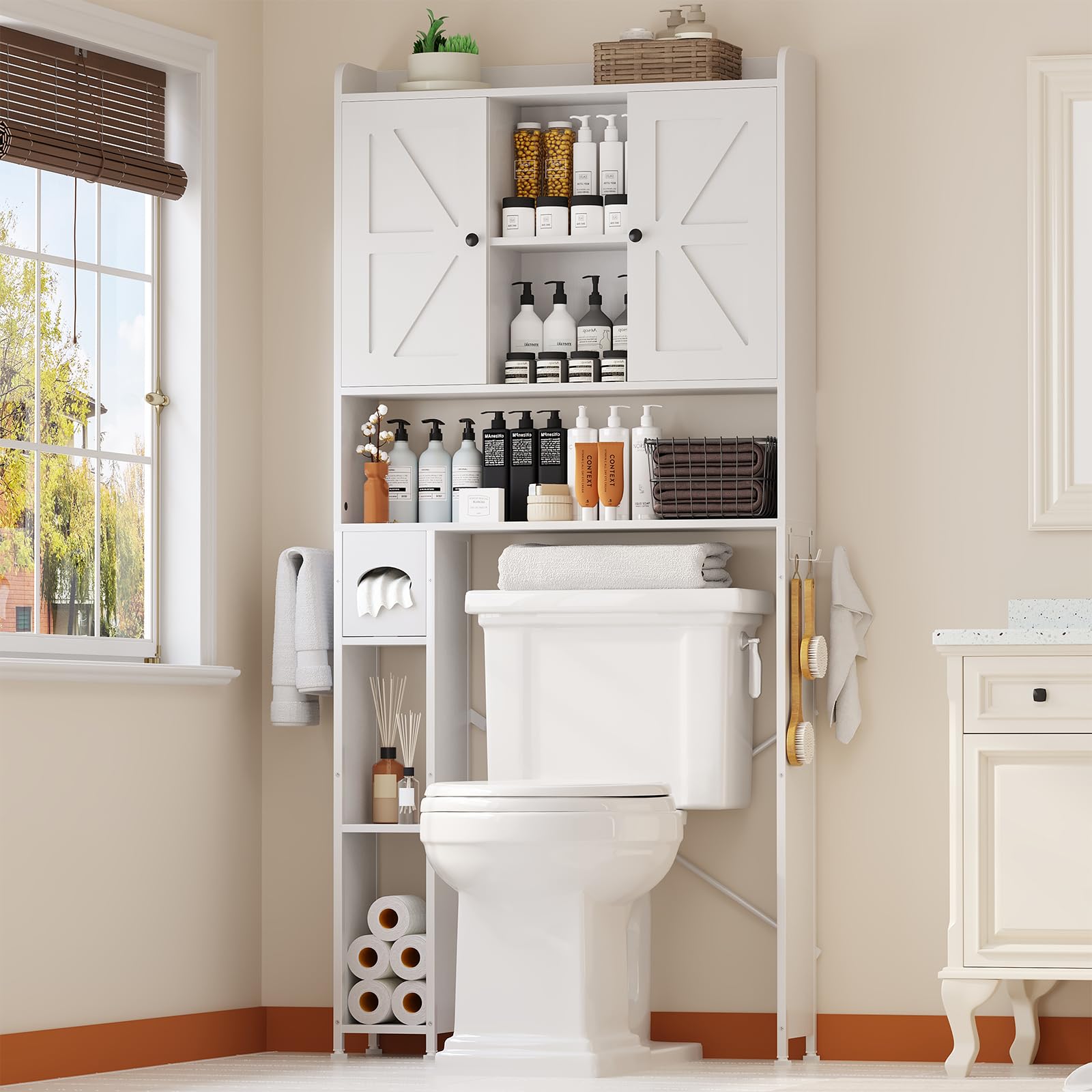 EasyCom Over The Toilet Storage Cabinet, Farmhouse Storage Cabinet Over Toilet with 2 Barn Doors, Space-Saving Toilet Cabinet with Toilet Paper Holder