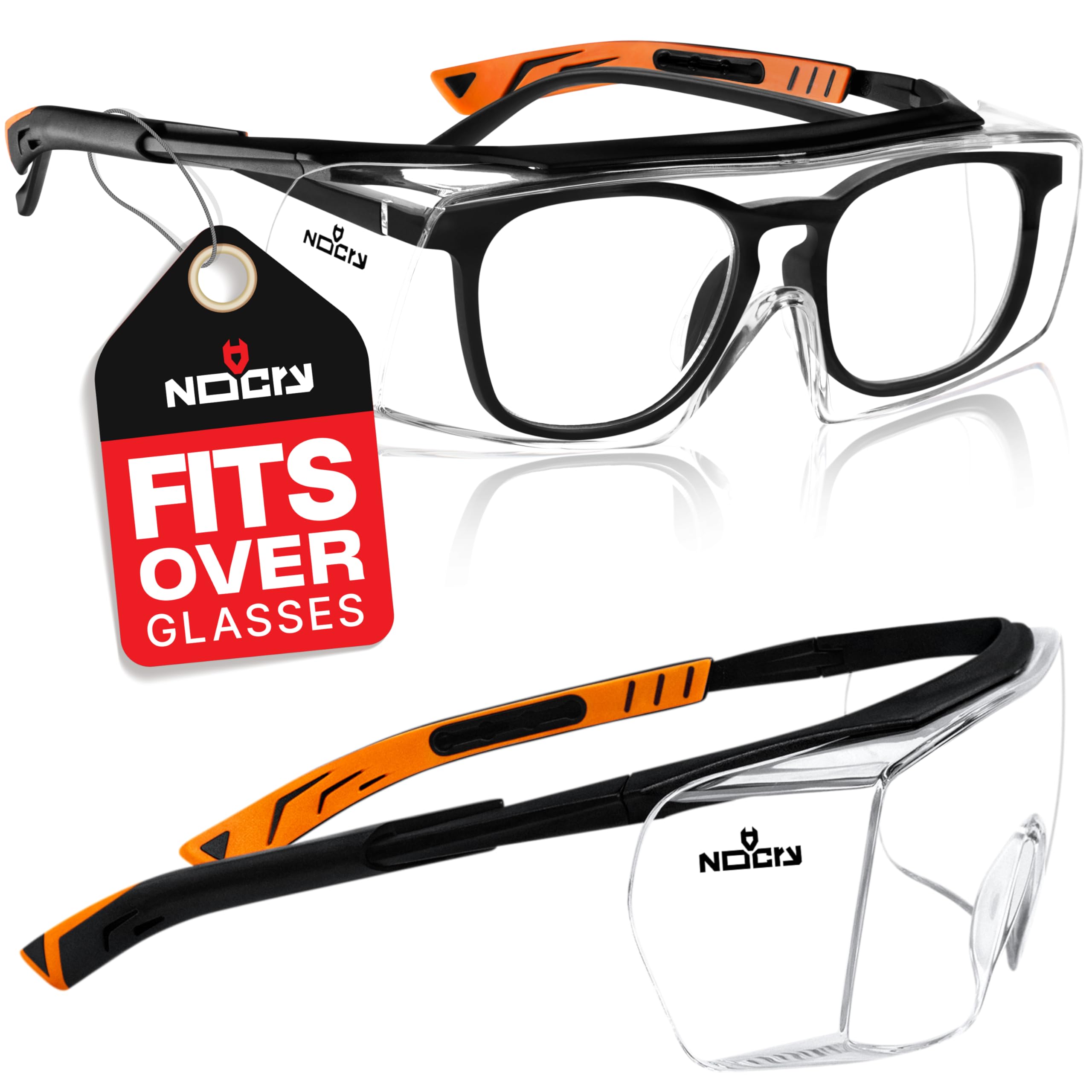 NoCry Over-Glasses Safety Glasses - with Clear Anti-Scratch Wraparound Lenses, Adjustable Arms, Side Shields, UV400 Protection, ANSI Z87 & OSHA
