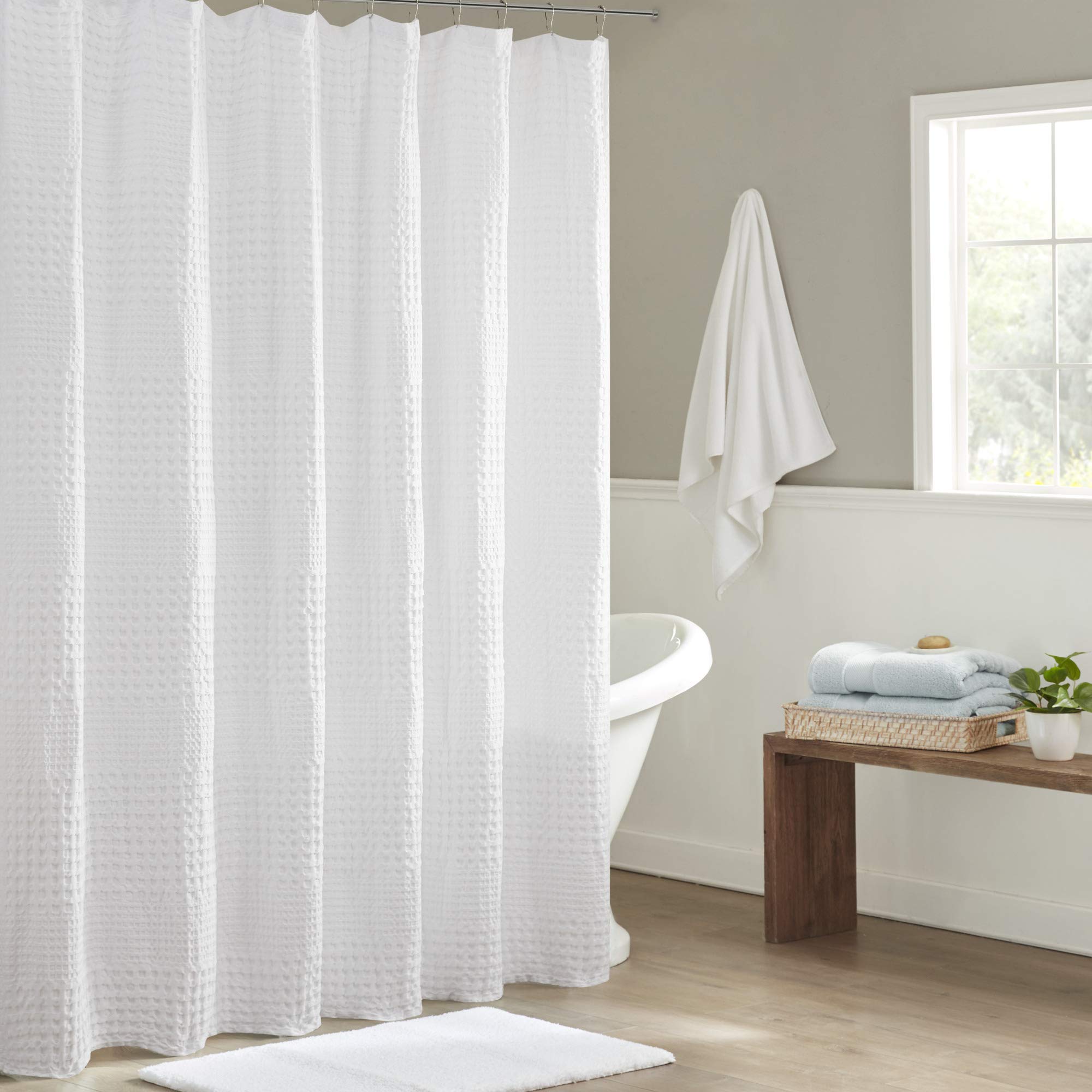Madison Park Arlo 100% Cotton Shower Curtain, Texture Waffle Weave Design 800 GSM Hotel Quality, Soft Trendy Bathroom D?cor, Machine Washable, Bathtub
