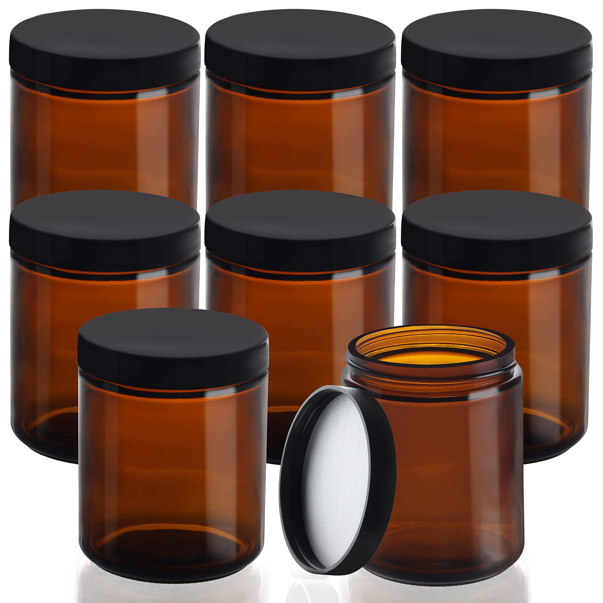 BELLE VOUS 8 Pack Round Amber Glass Jars - 240ml / 8 oz - Empty Refillable Containers with Black Screw-On Lids - Pot for Cosmetic Storage, Lotion,