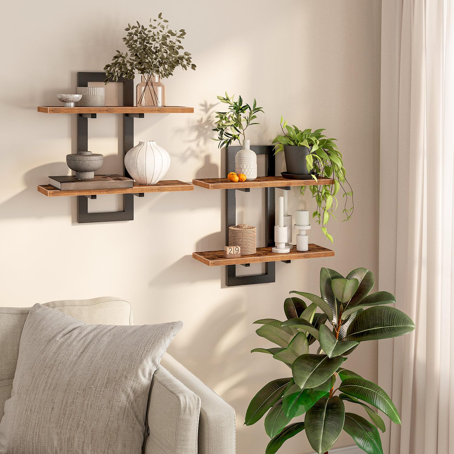 HOOBRO Floating Shelves, Wall Shelves Set of 2, Wall Mounted Storage Shelves 2-Tier, Wall Display Racks, Hanging Bathroom Shelves, for Kitchen, Living