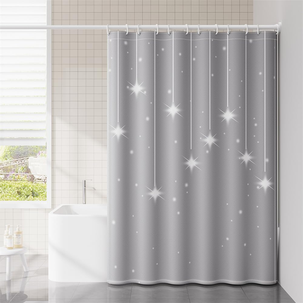 Lkw Ogechi 180/200/240 CM Drop Waterproof Polyester Shower Curtain, Grey Shower Curtain with Stars, Fabric Shower Curtains Mould Proof Resistant
