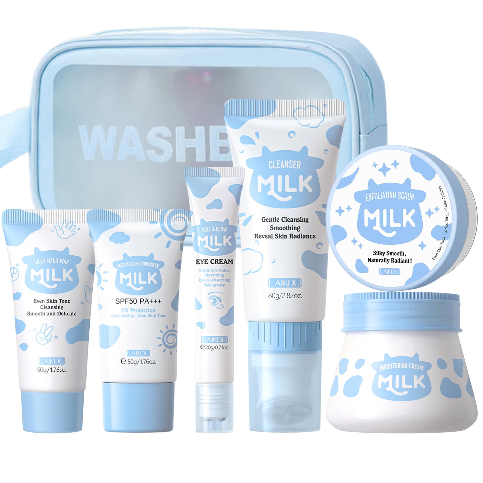LAIKOU Milk Skincare Gift Set, Facial Skincare Kit for Women Teenage Girls, Cleanser, Exfoliating Scrub, Hand Wax, Eye Cream, Face Cream, & Sunscreen,
