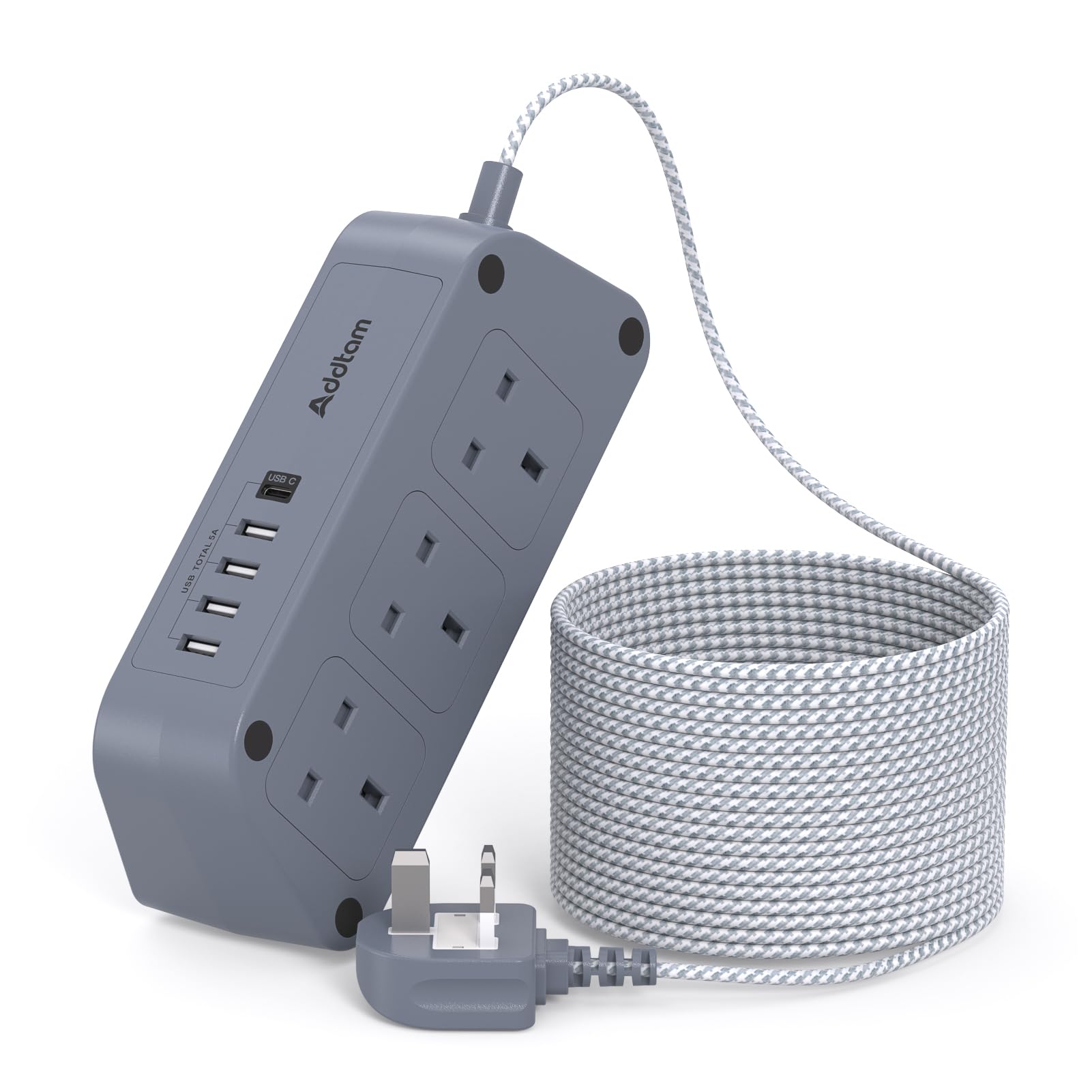 Gray Extension Lead with USB Slots?6 Way Outlets 5 USB(5A, 1 USB- C and 4 USB-A Port) with 1.6M Braided Extension cord, 3250W Overload