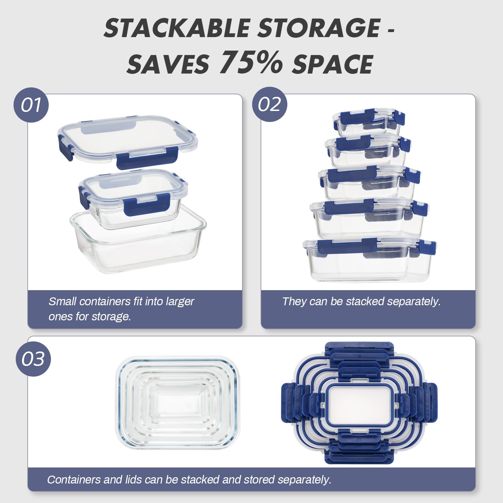 GENICOOK Meal Prep Glass Food Storage Containers 10 Pack, Glass food storage container with Snap Lock Leakproof Lids, Reusable Microwave safe BPA-free