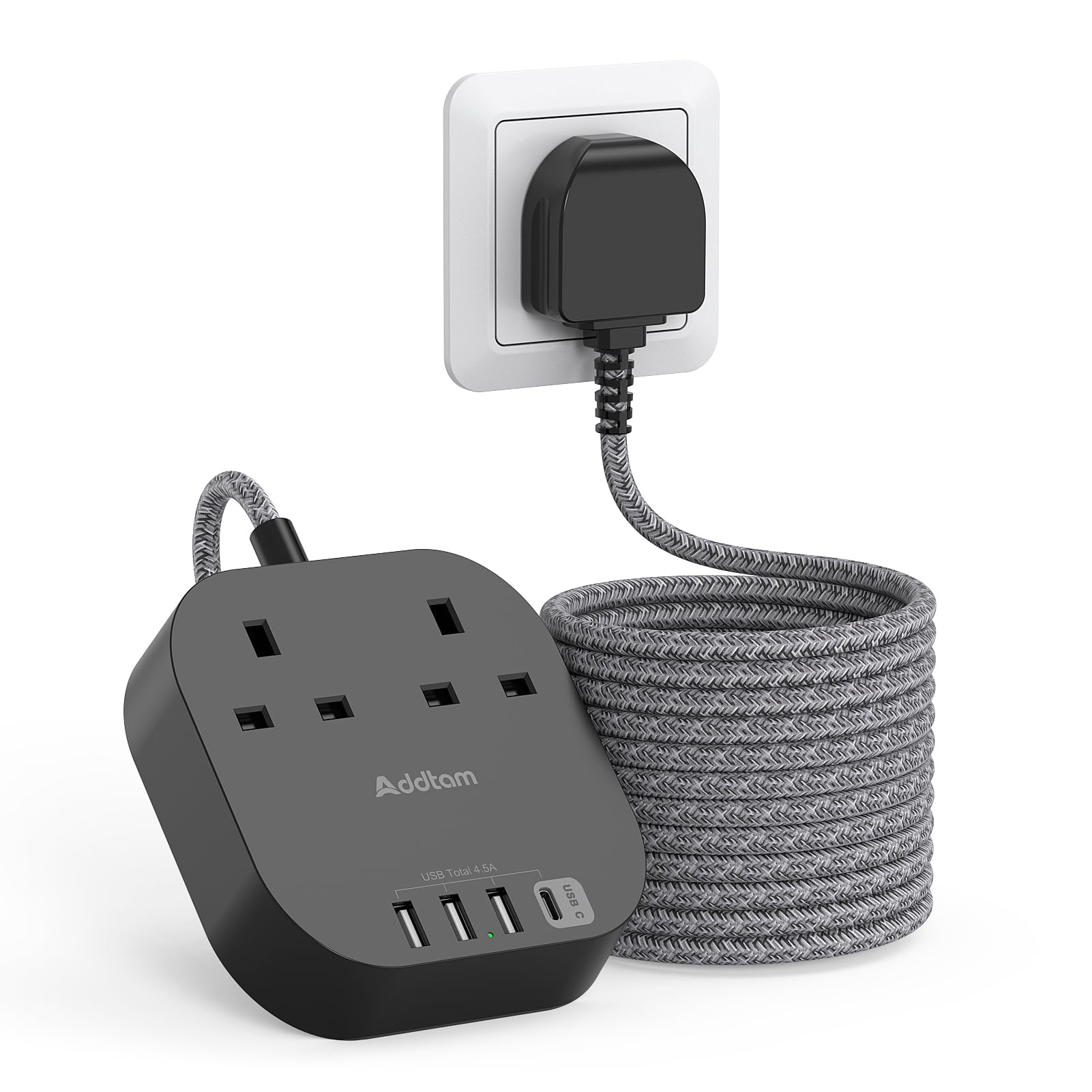 3M Extension Lead with USB Slots, Power Strips with 2 Way Outlets 4 USB (4.5A, 1 Type C and 3 USB A Ports) Surge Protection Plug Extension Socket with