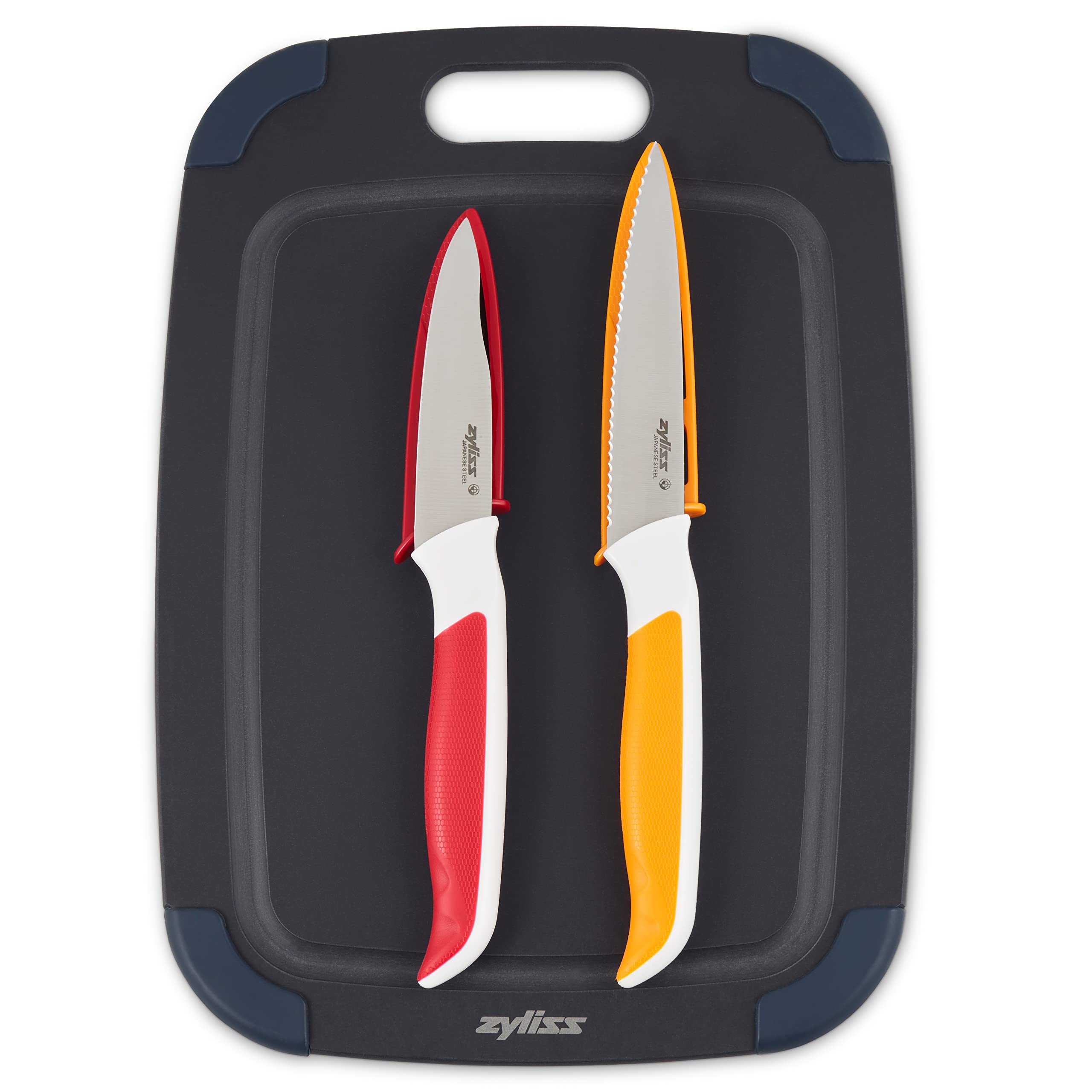 Zyliss E910067 Cutting Board Knife Set, Board Made from Recycled Wood Fibre 30cm x 21.5cm, Includes Paring Knife and Serrated Paring Knife for