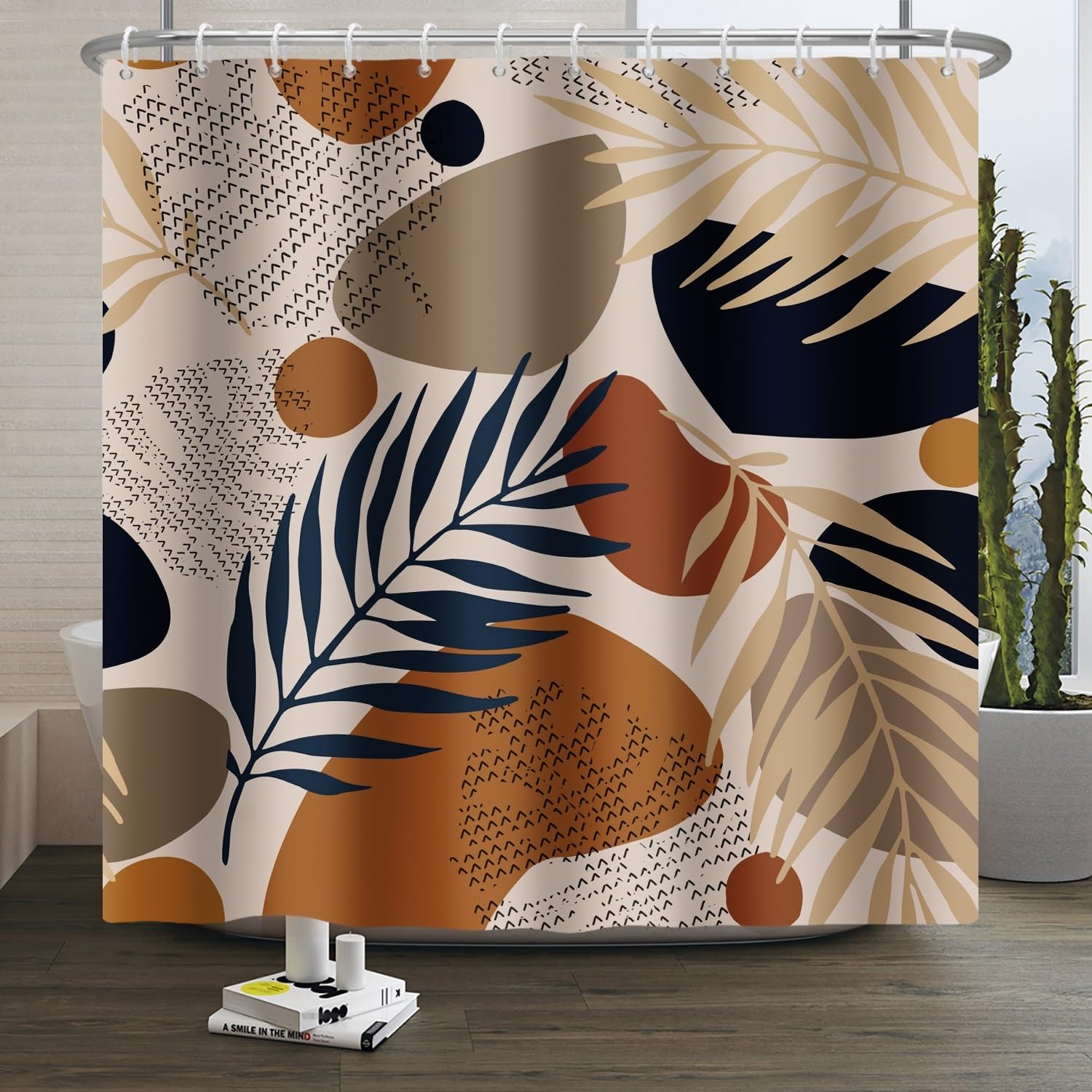 Xiaoterna Bohemian Tropical Palm Leaf Shower Curtain Modern Abstract Art Leaves Plants Washable Bathroom Curtain Minimalist Plant Leaves Pattern