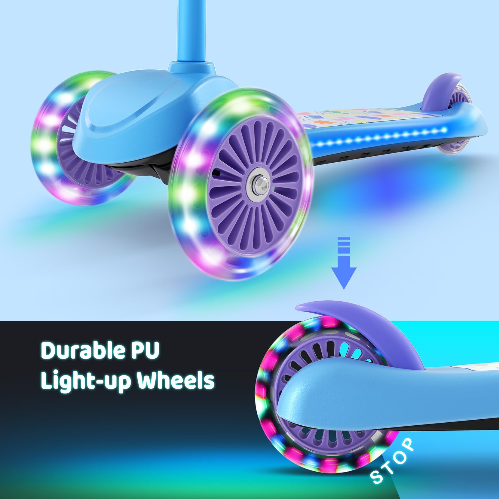 TONBUX 3 Wheel Tri Scooter, Easy Folding System, Height Adjustable Handlebars, Tilt To Turn Steering, Kids Aged 3+ Years (Blue)