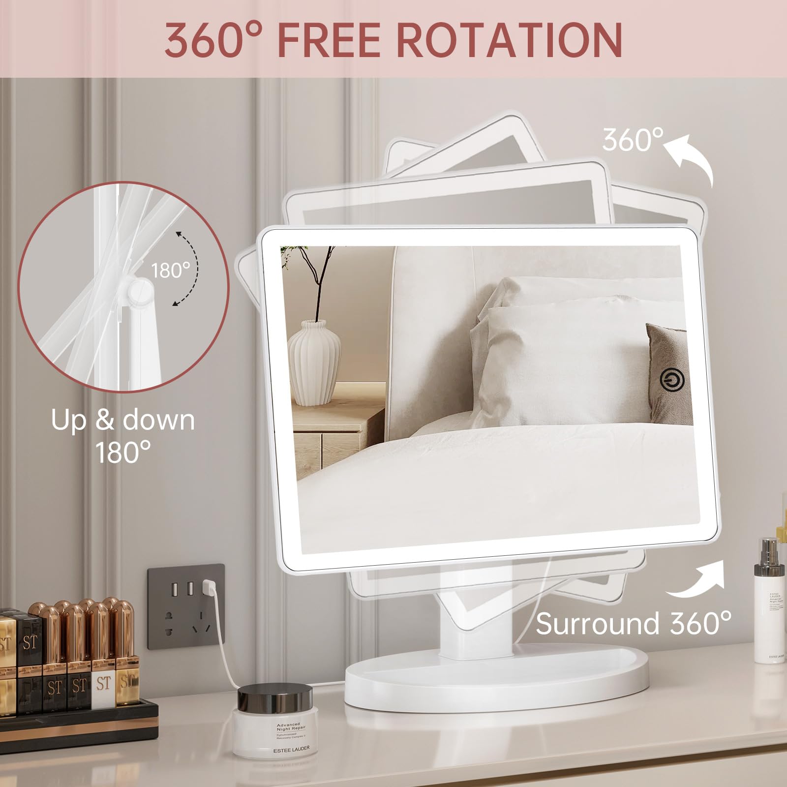 FUNTOUCH Large Lighted Makeup Mirror with Lights, 3 Color Lighting Modes Light up Mirror with 88 LED, 10X Magnification and 360Rotation,Dual Power