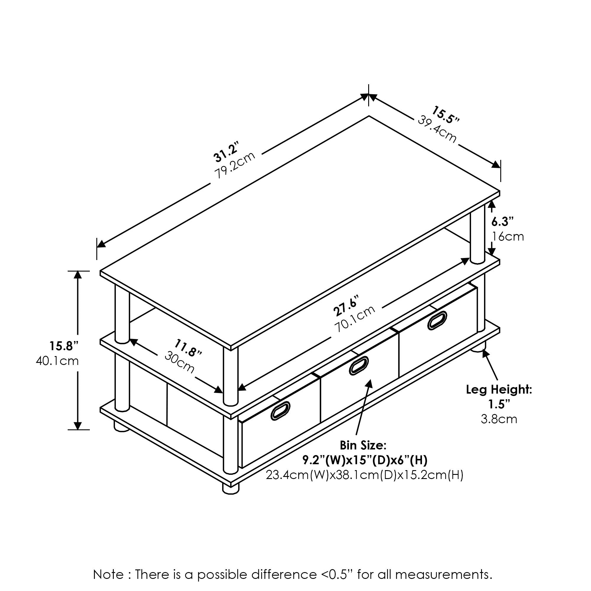 Furinno Frans Turn-N-Tube Coffee Table with Bin Drawers, French Oak Grey/Black/Black, 79.2 (W) x 40.1 (H) x 39.4 (D) cm