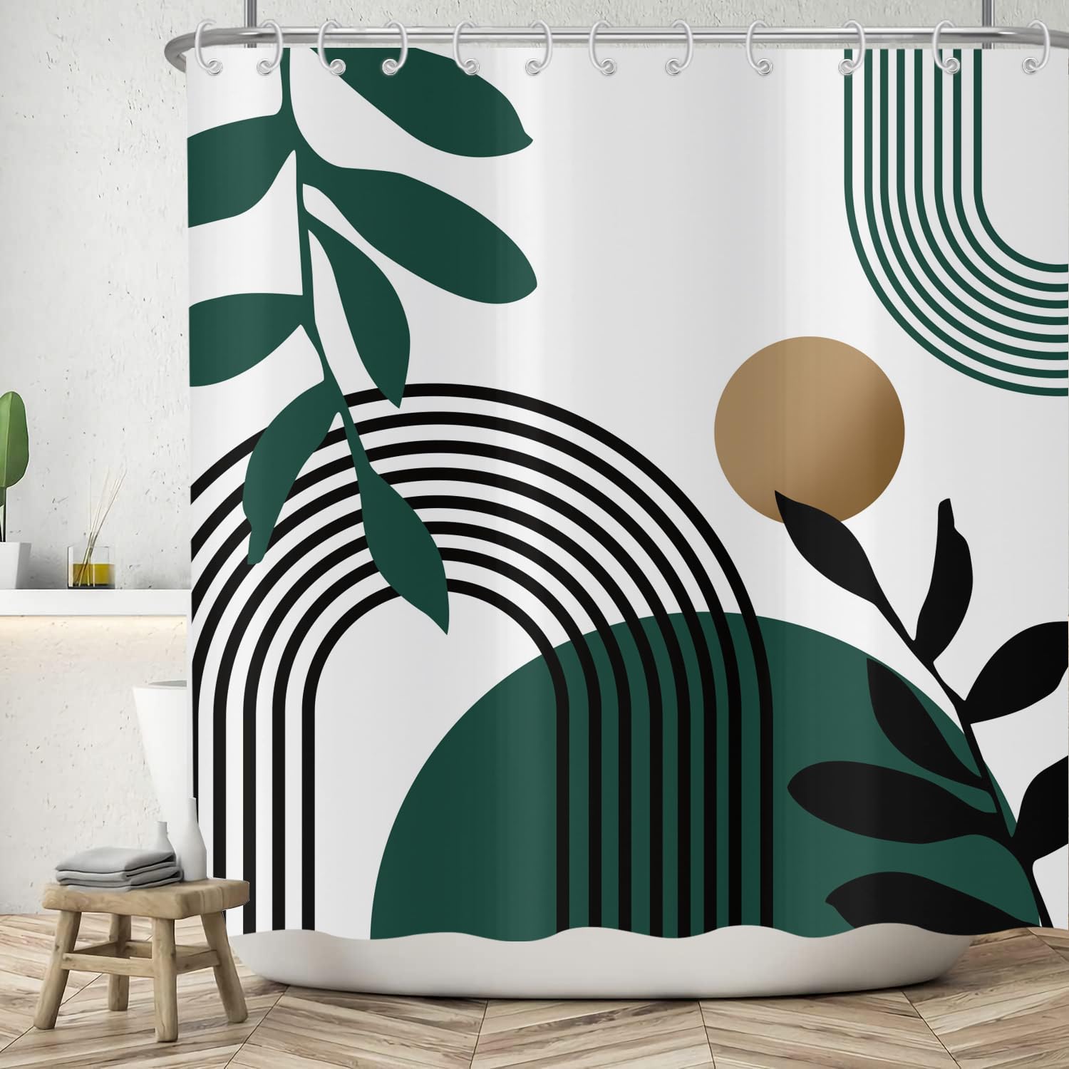ASDCXZ Boho Shower Curtain 180x200 cm, Modern Abstract Boho Style Black Green Leaves Brown Sun White Bath Washable Shower Curtains Polyester Textile