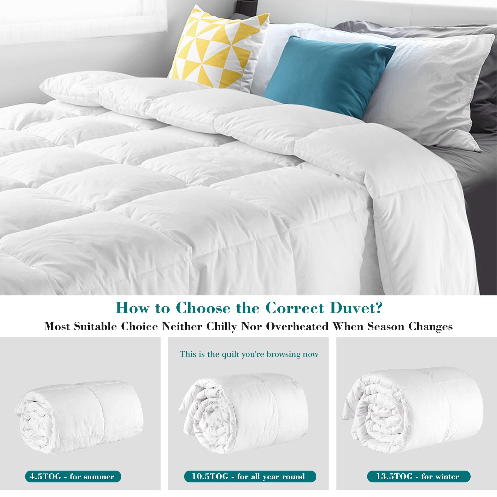 Threads For Bed 10.5 tog King Size Down & Feather Duvet, 100% Cotton Down Proof Fabric, Machine Washable with Premium Box-Stitch Design