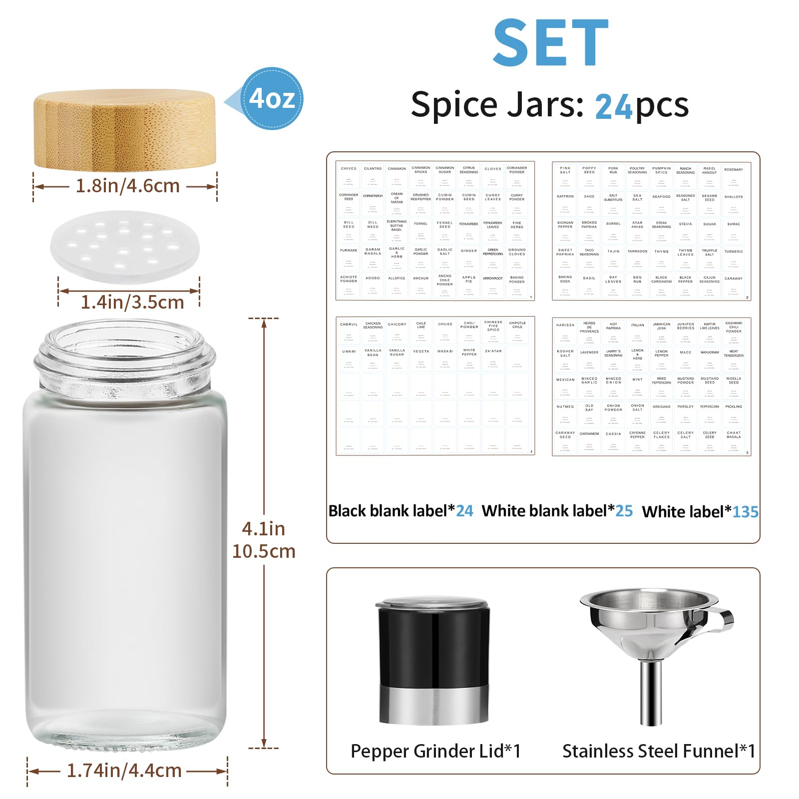 Yangbaga 24PCS Glass Spice Jars set-120ml Glass Jars With Bamboo Lids with Shaker Lids- Spices & Seasoning -Kitchen Storage & Organisation of Spice