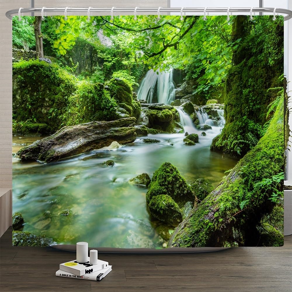 Xiaoterna Plants Shower Curtain Green Nature Forest Jungle Tropical Rainforest Summer Landscape Scenery Bathroom Curtain Spring Forest Waterfall Mould